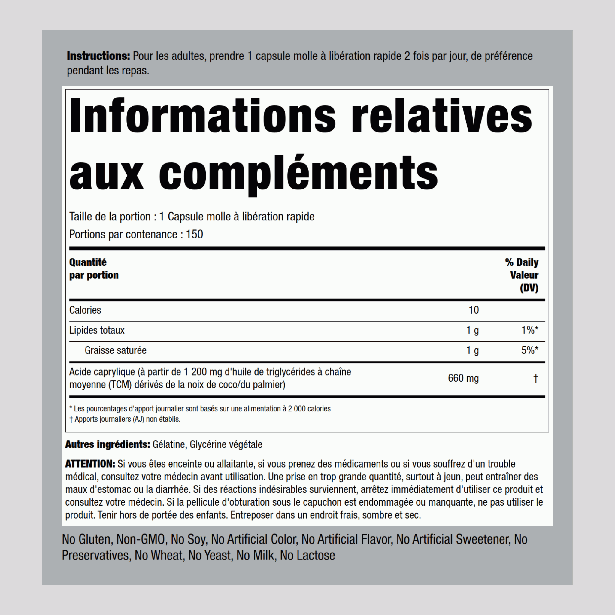 Acide Caprylique 660 mg 150 Capsules molles à libération rapide     