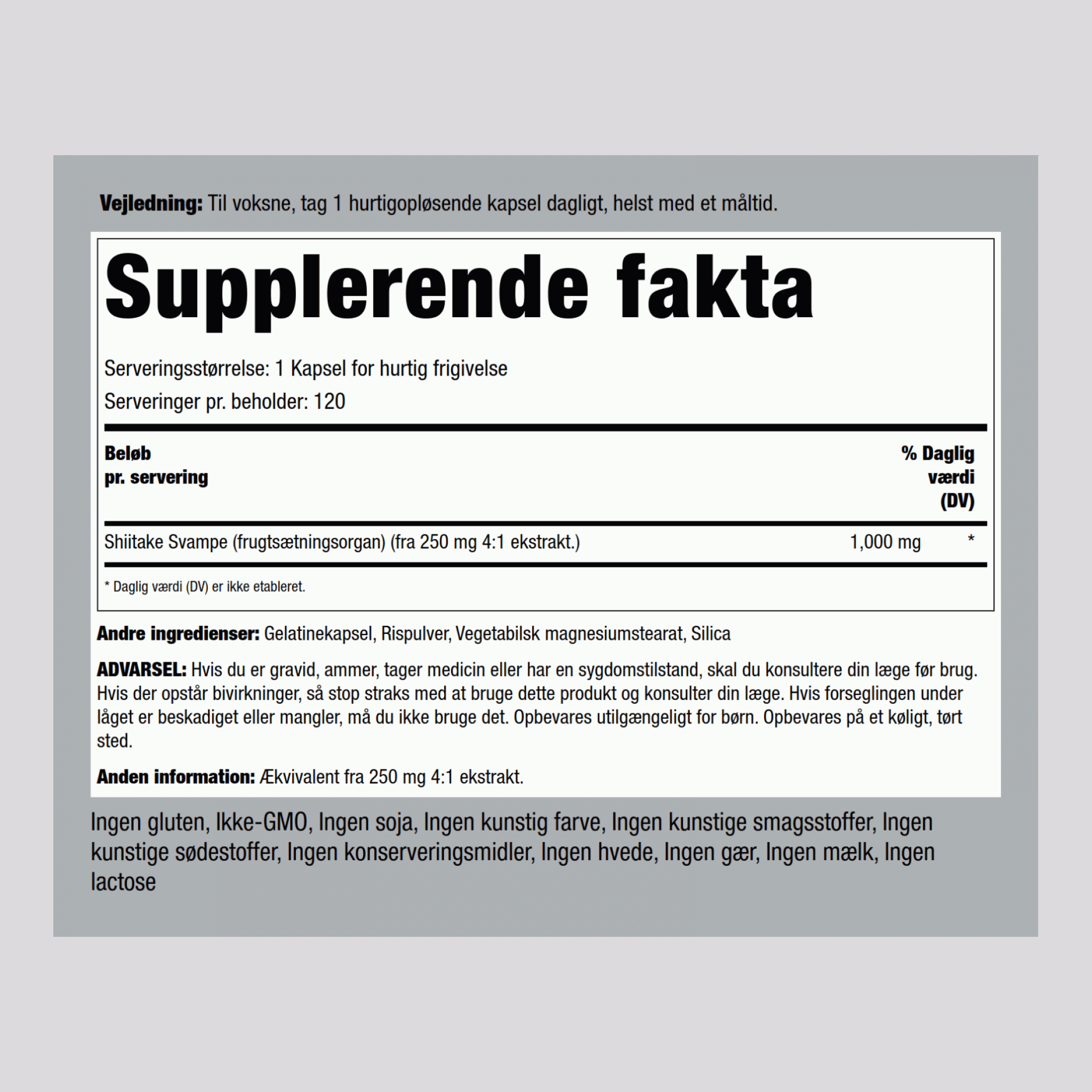 Shiitake-svamp  1000 mg 120 Kapsler for hurtig frigivelse     