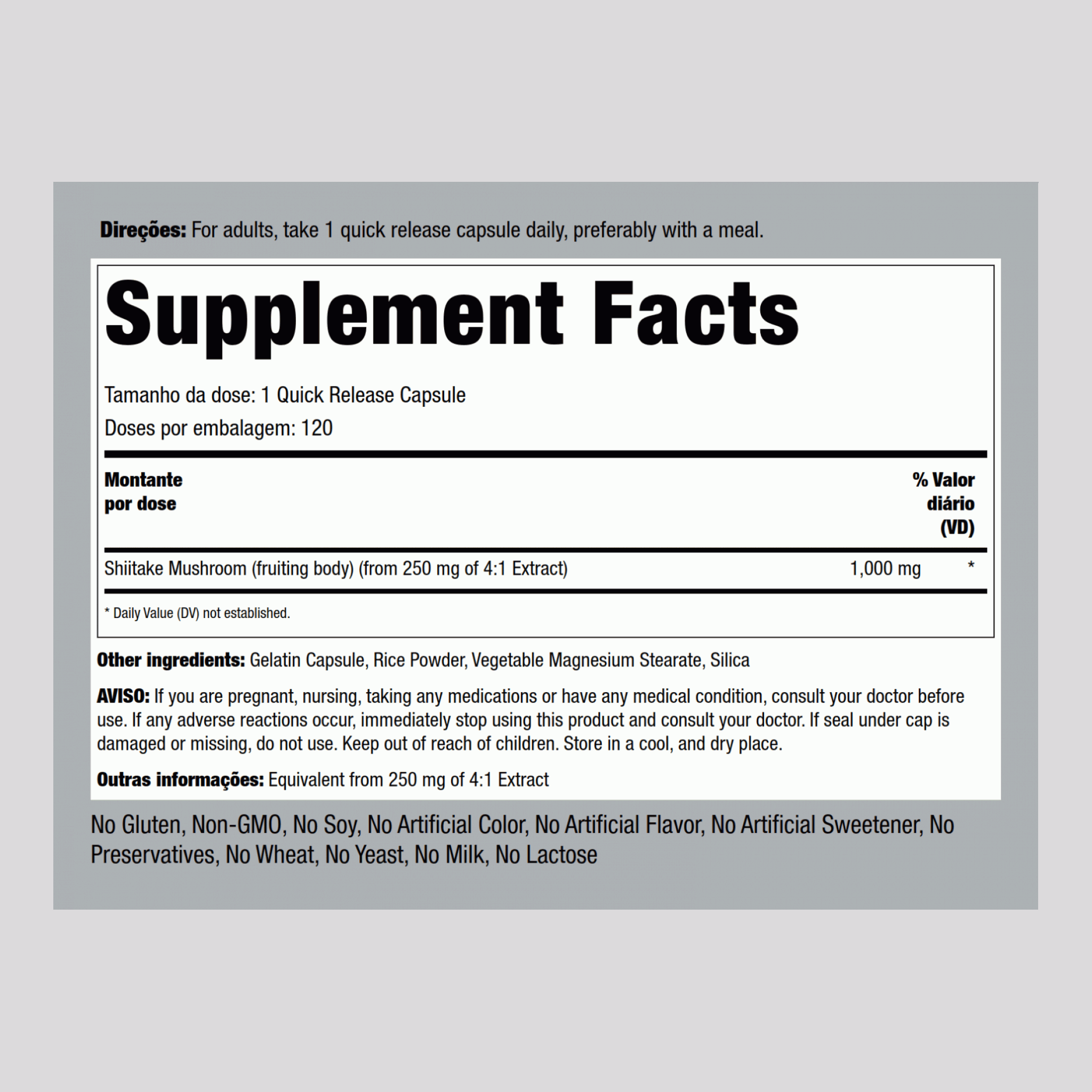 Champignon Shiitake,  1000 mg 120 Gélules à libération rapide 2 Bouteilles