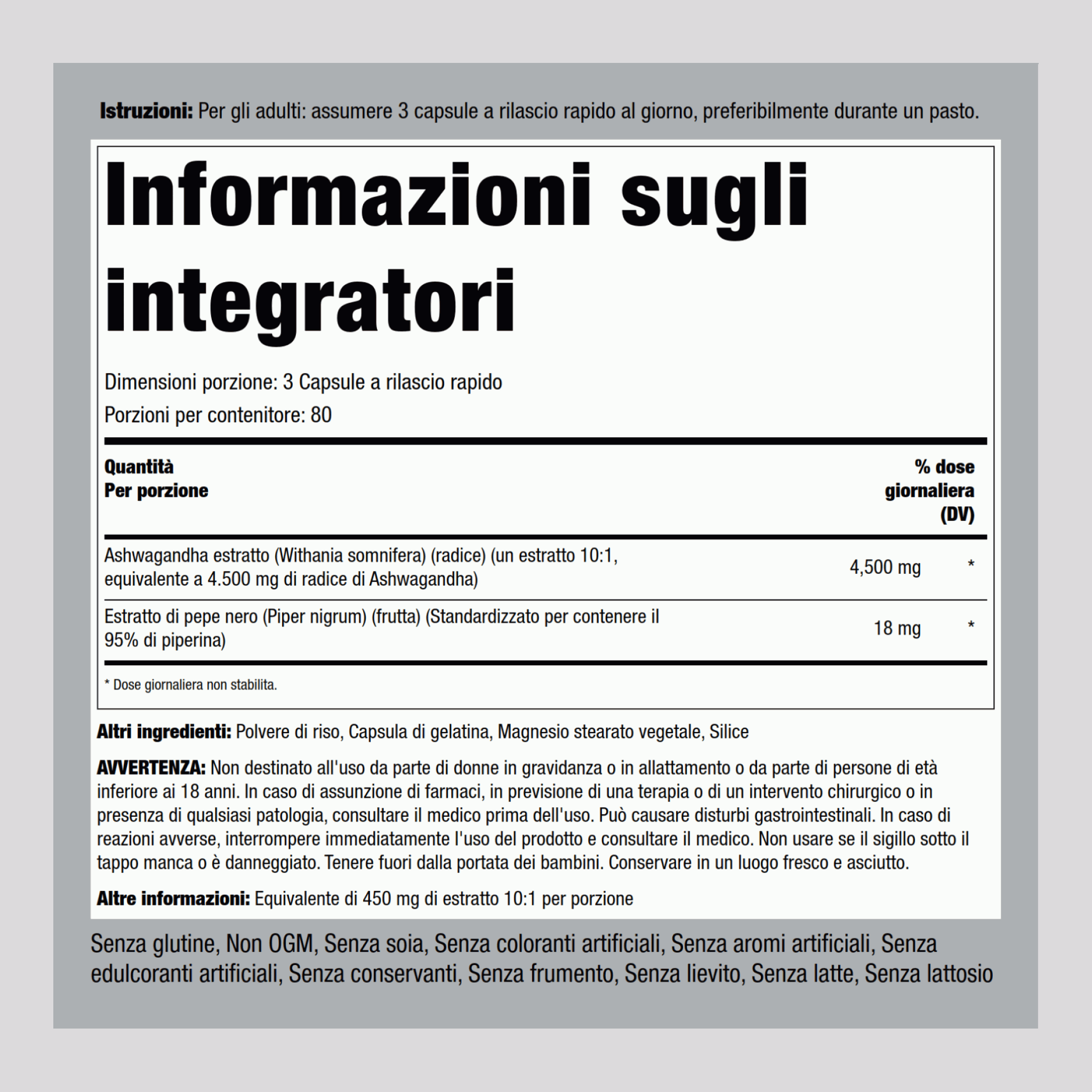 Ashwagandha 4500 mg (per dose) 240 Capsule a rilascio rapido     