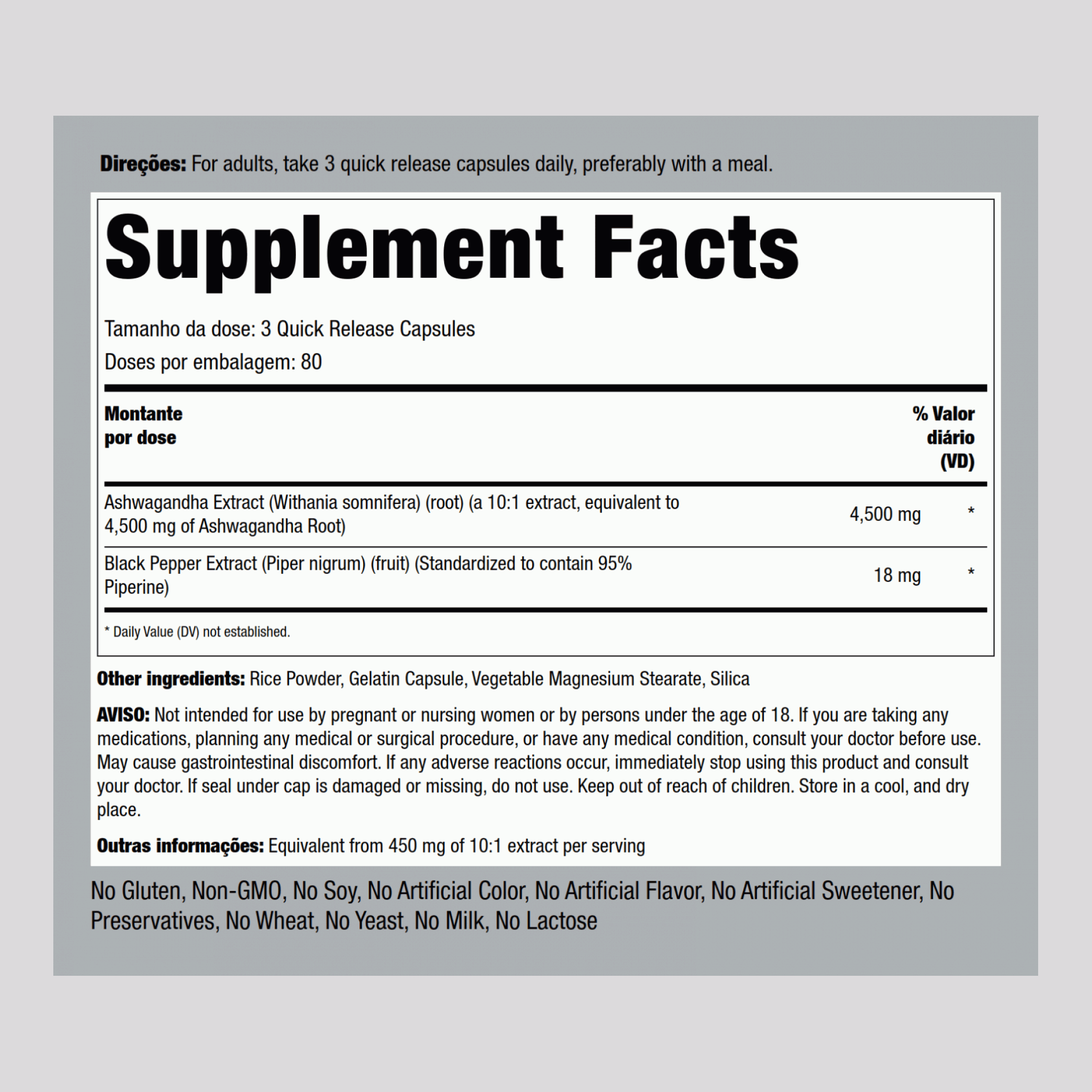 Ashwagandha 4500 mg (por dose) 240 Cápsulas de Rápida Absorção     