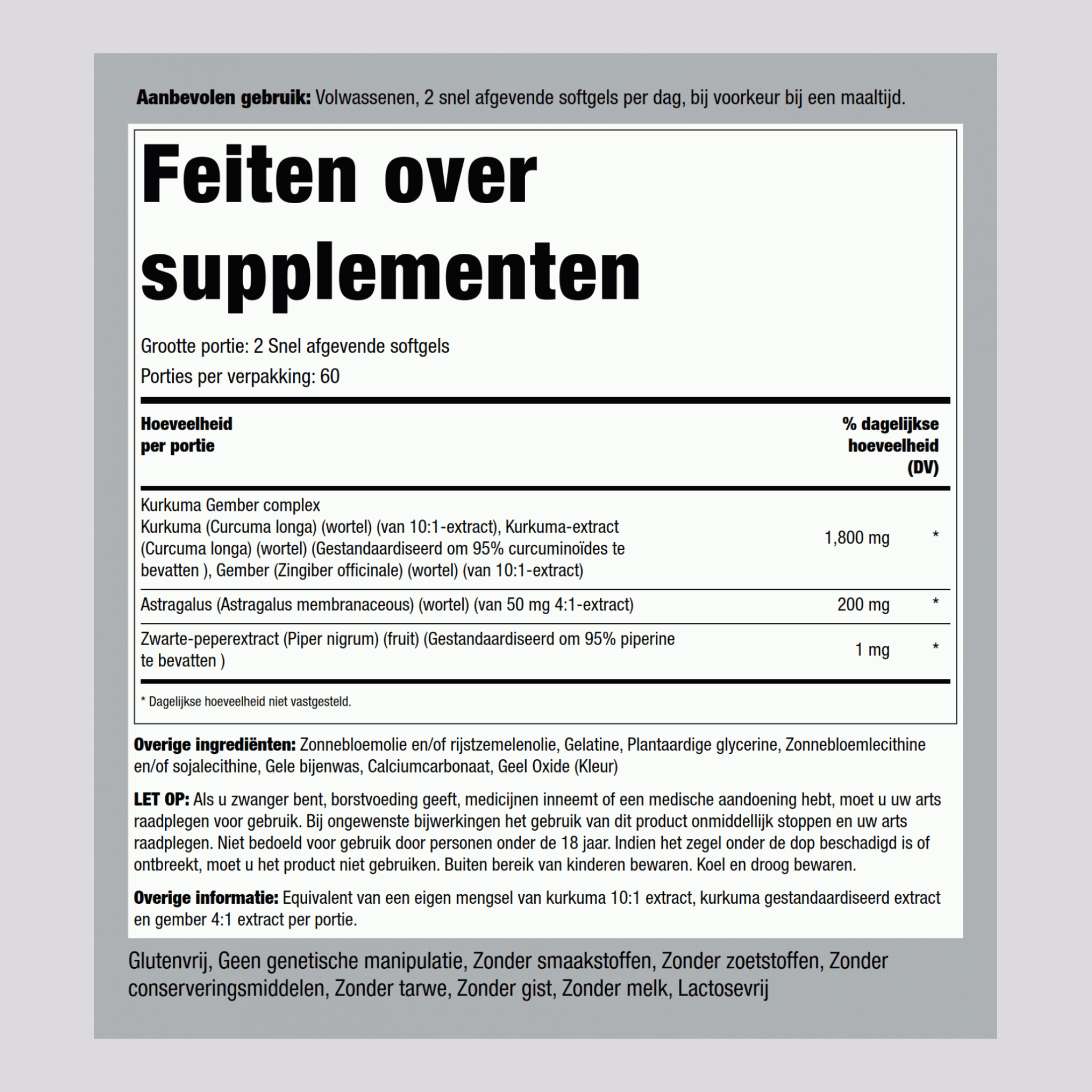 Kurkuma-gembercomplex gestandaardiseerd extract 1800 mg (per portie) 120 Snel afgevende softgels     