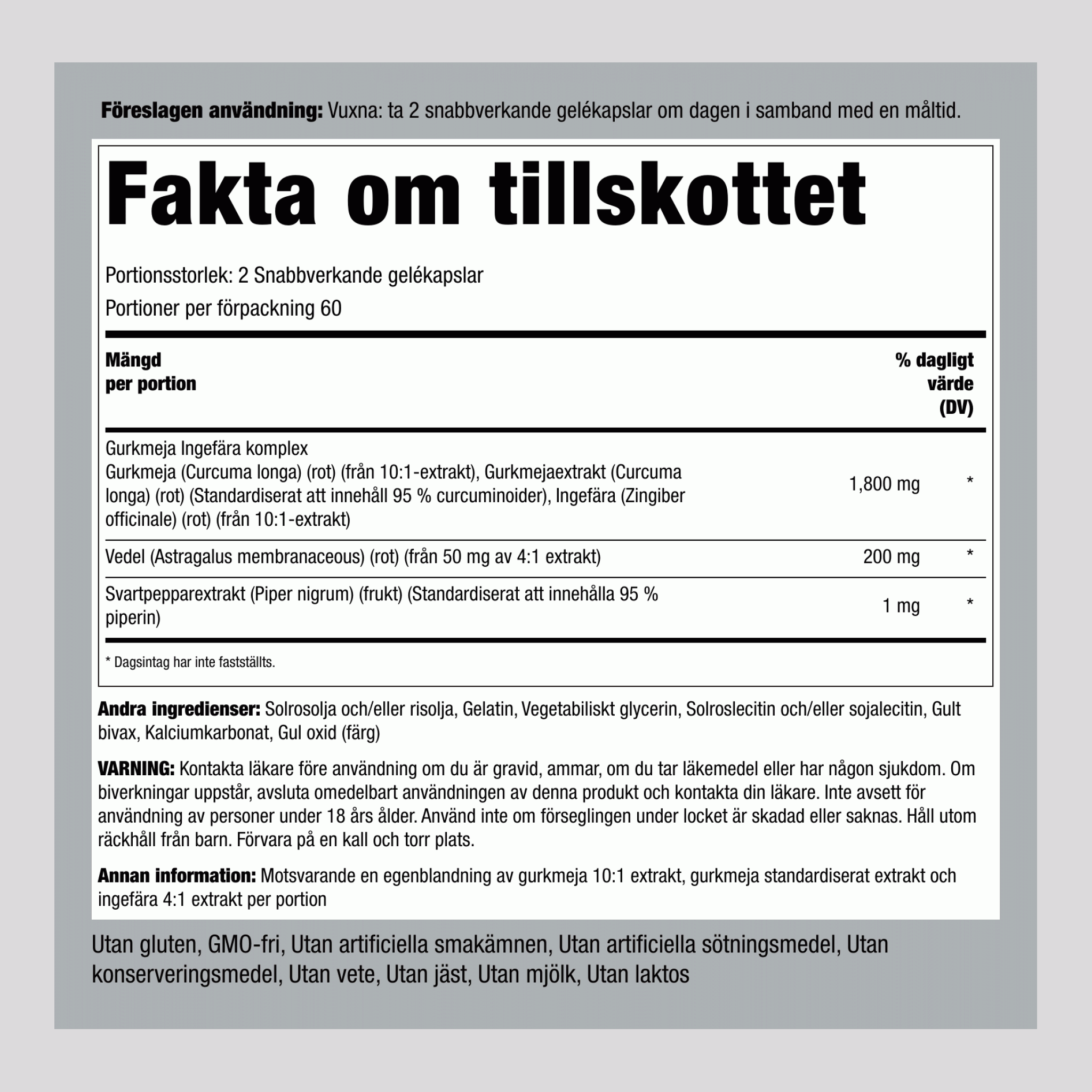 Gurkmeja-ingefära-komplex standardiserat extrakt 1800 mg (per portion) 120 Snabbverkande gelékapslar     