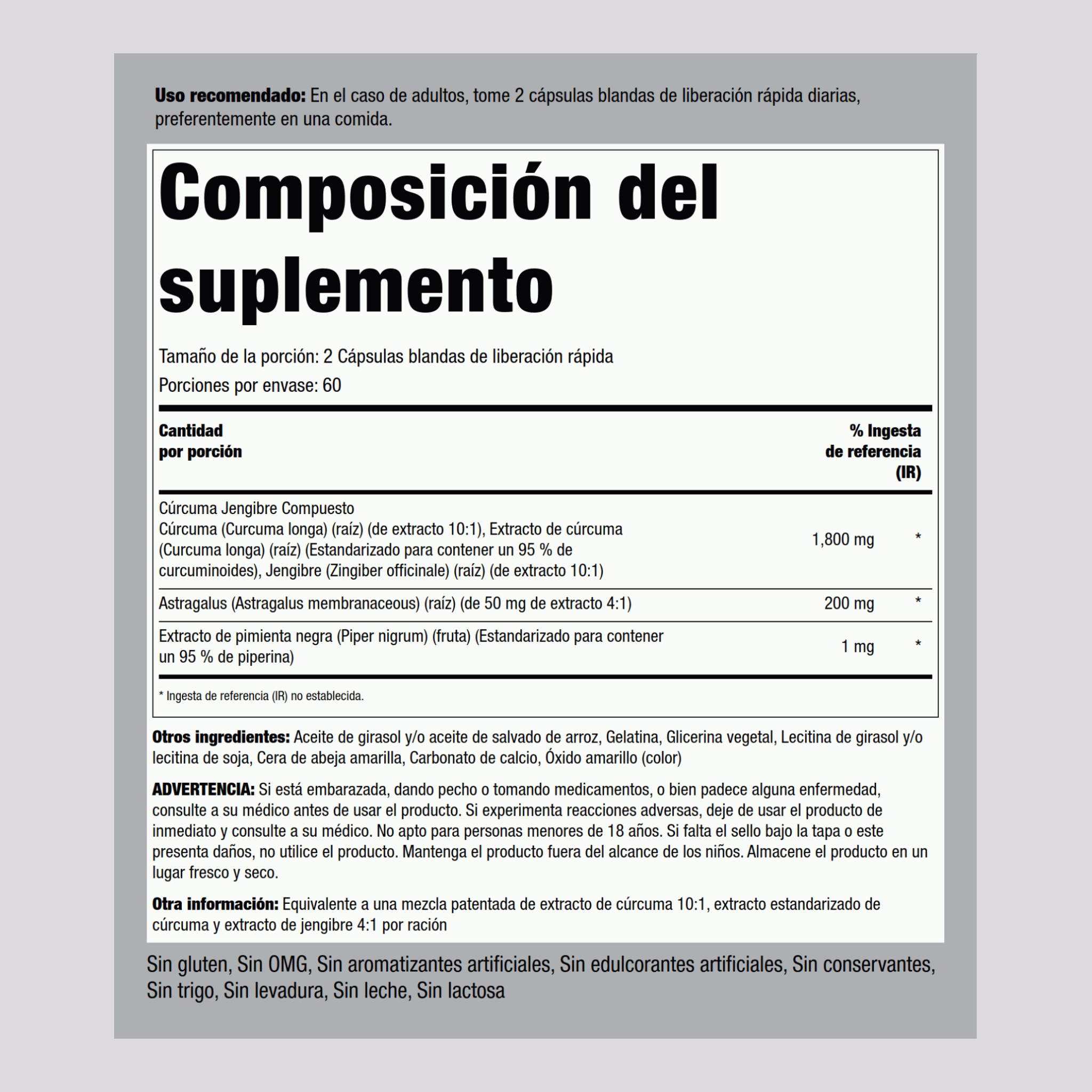 Compuesto de cúrcuma y jengibre extracto estandarizado 1800 mg (por porción) 120 Cápsulas blandas de liberación rápida     