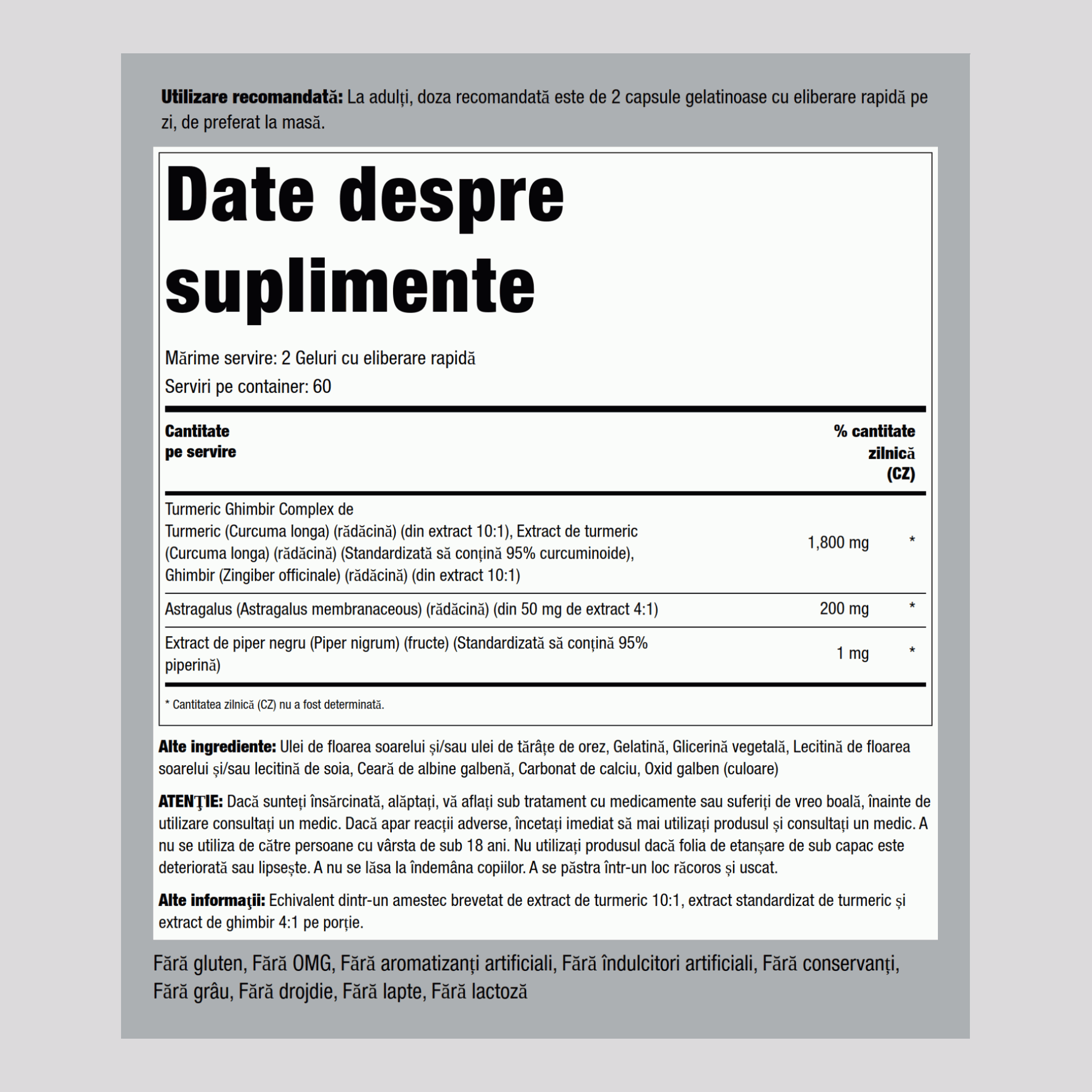 Complex de turmeric și ghimbir Extract standardizat 1800 mg (per porție) 120 Geluri cu eliberare rapidă     