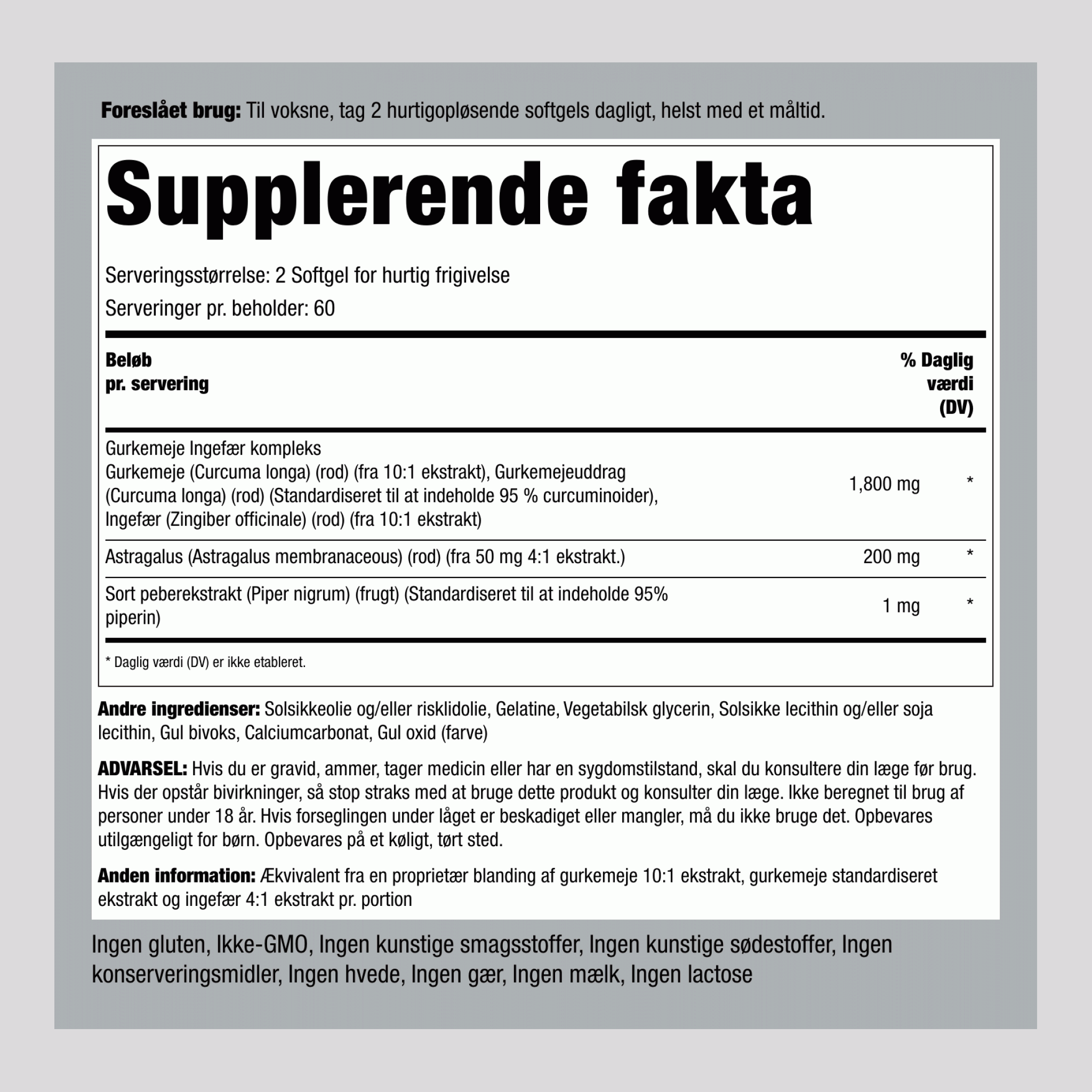 Gurkemeje-ingefær-kompleks standardiseret,  1800 mg (pr. dosering) 120 Softgel for hurtig frigivelse 2 Flasker