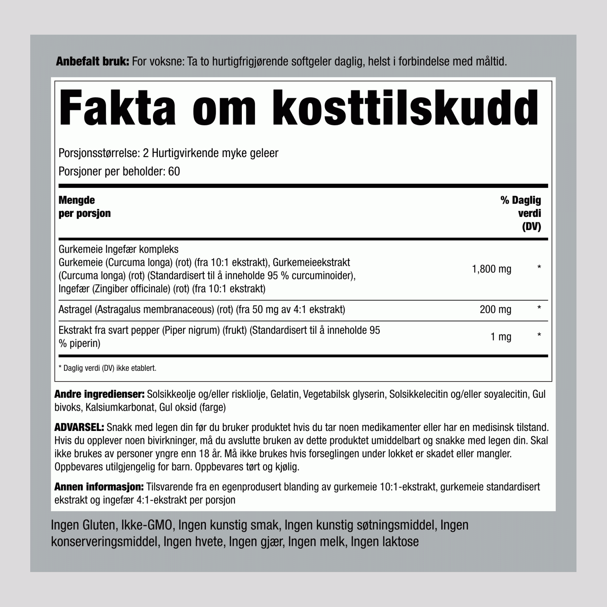 Gurkemeie- og ingefærkompleks standardisert,  1800 mg (per dose) 120 Hurtigvirkende myke geleer 2 Flasker