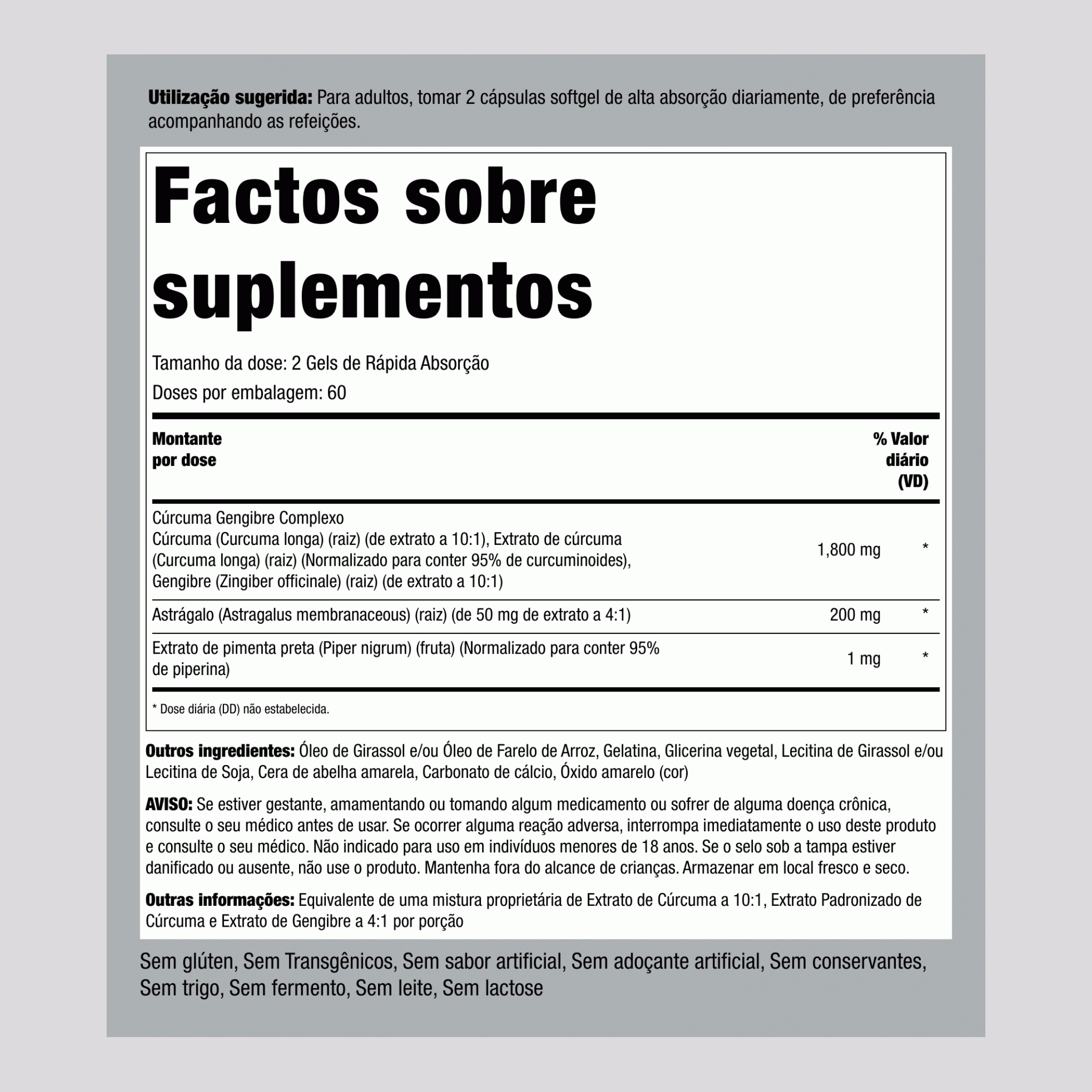 Complexo de gengibre e cúrcuma extrato normalizado,  1800 mg (por dose) 120 Gels de Rápida Absorção 2 Frascos