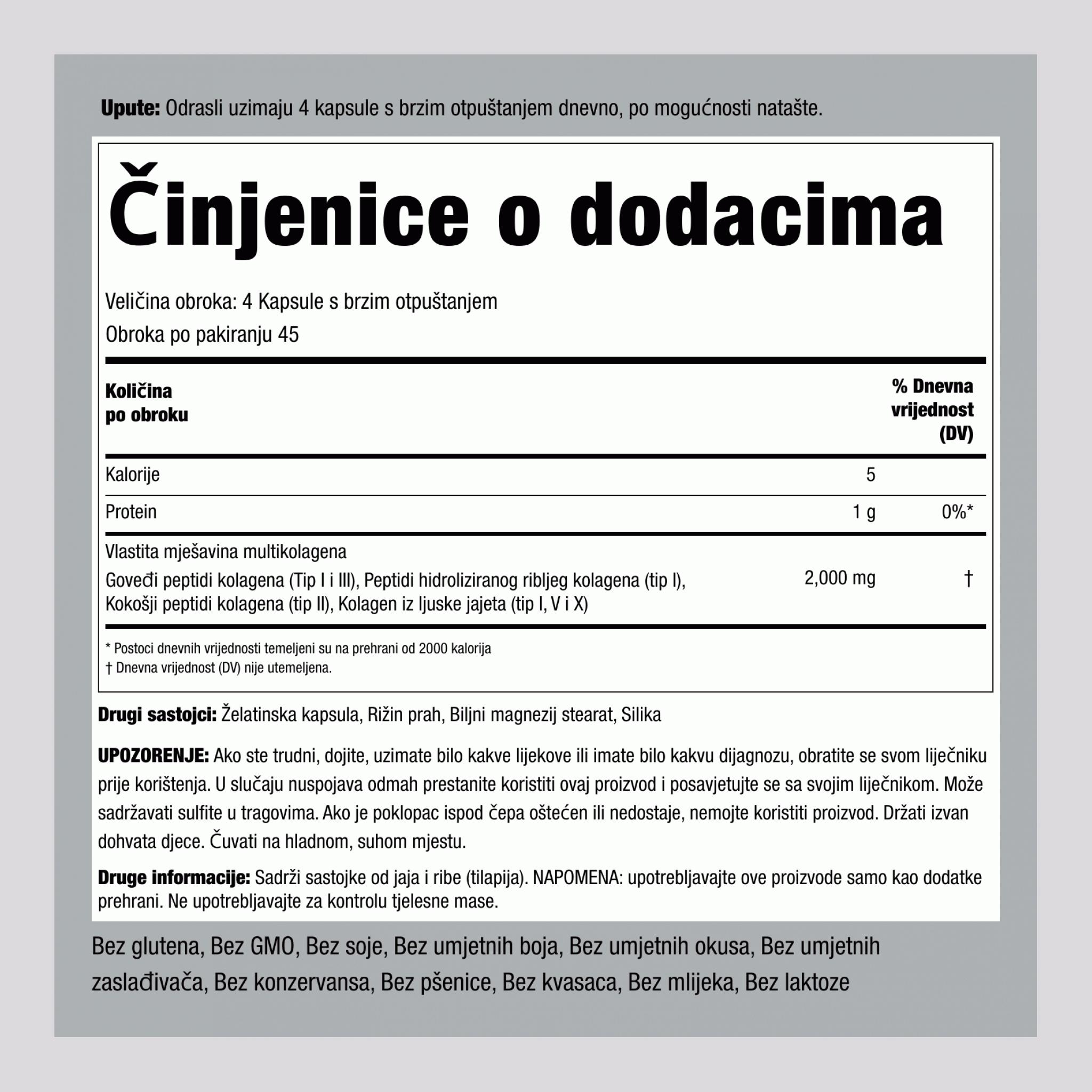 Multikolagenske bjelančevine  (tipovi I, II, III, V, X) 2000 mg (po obroku) 180 Kapsule s brzim otpuštanjem     