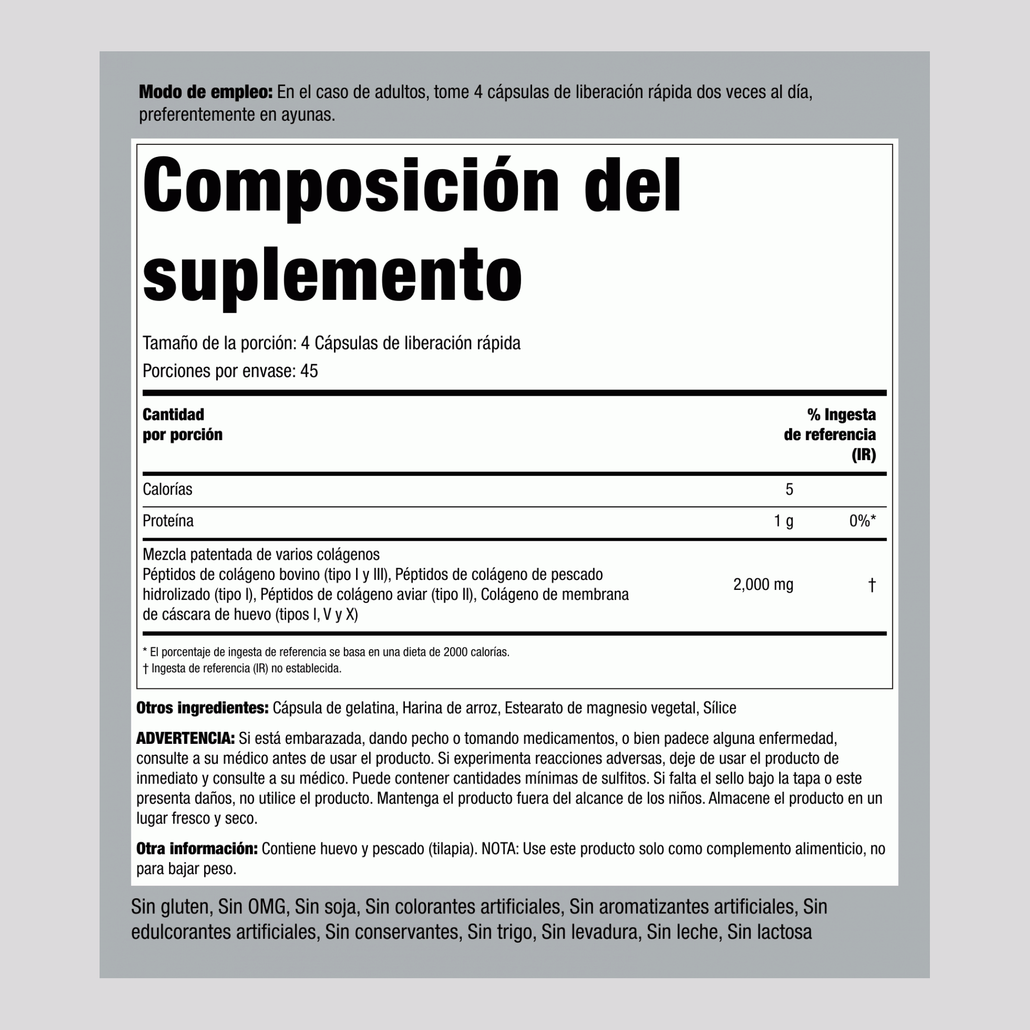 Proteína con varios colágenos (tipos I, II, III, V y X), 2000 mg (por porción) 180 Cápsulas de liberación rápida 2 Botellas/Frascos