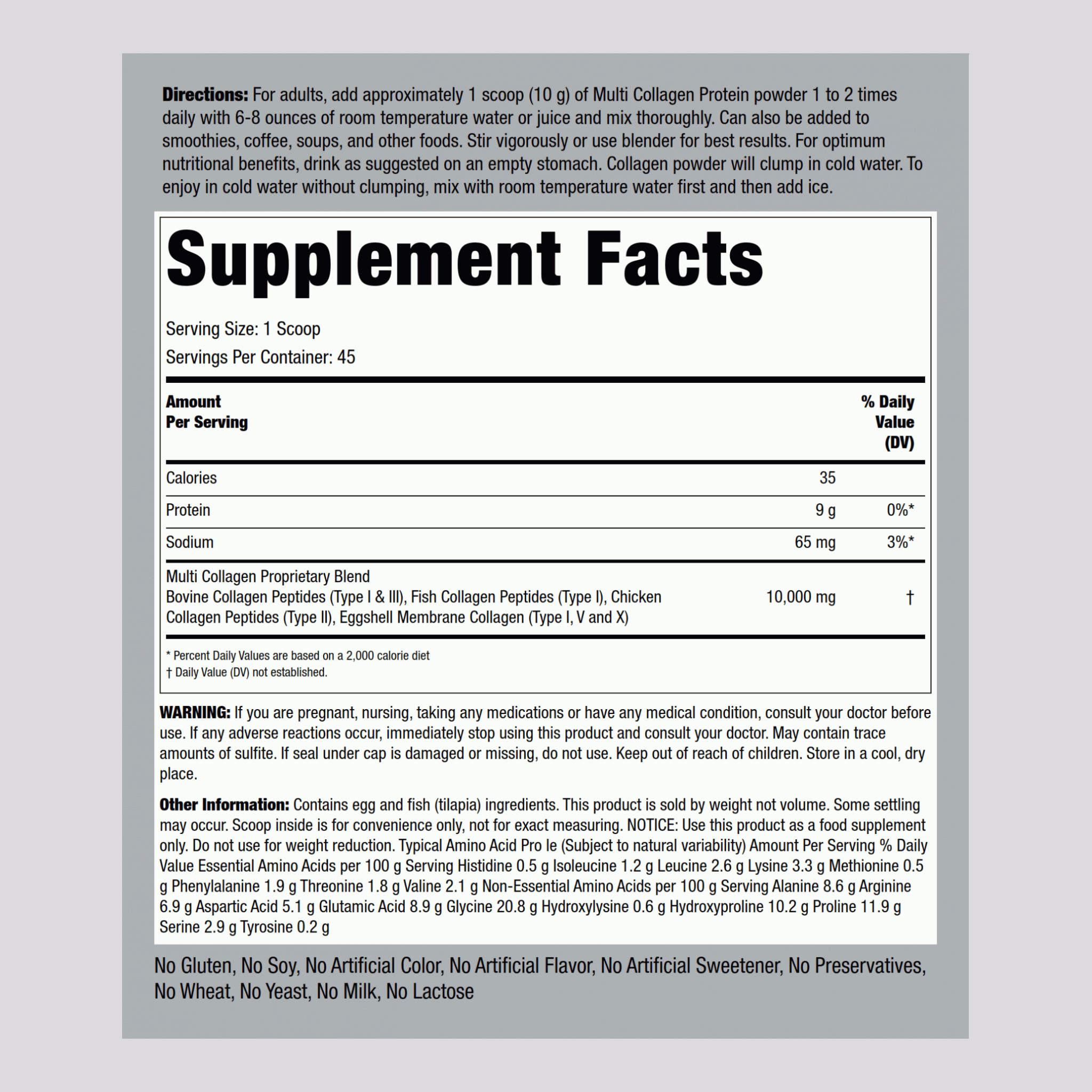 多種膠原蛋白蛋白質 10,000 mg 16 oz 454 g 酒瓶  