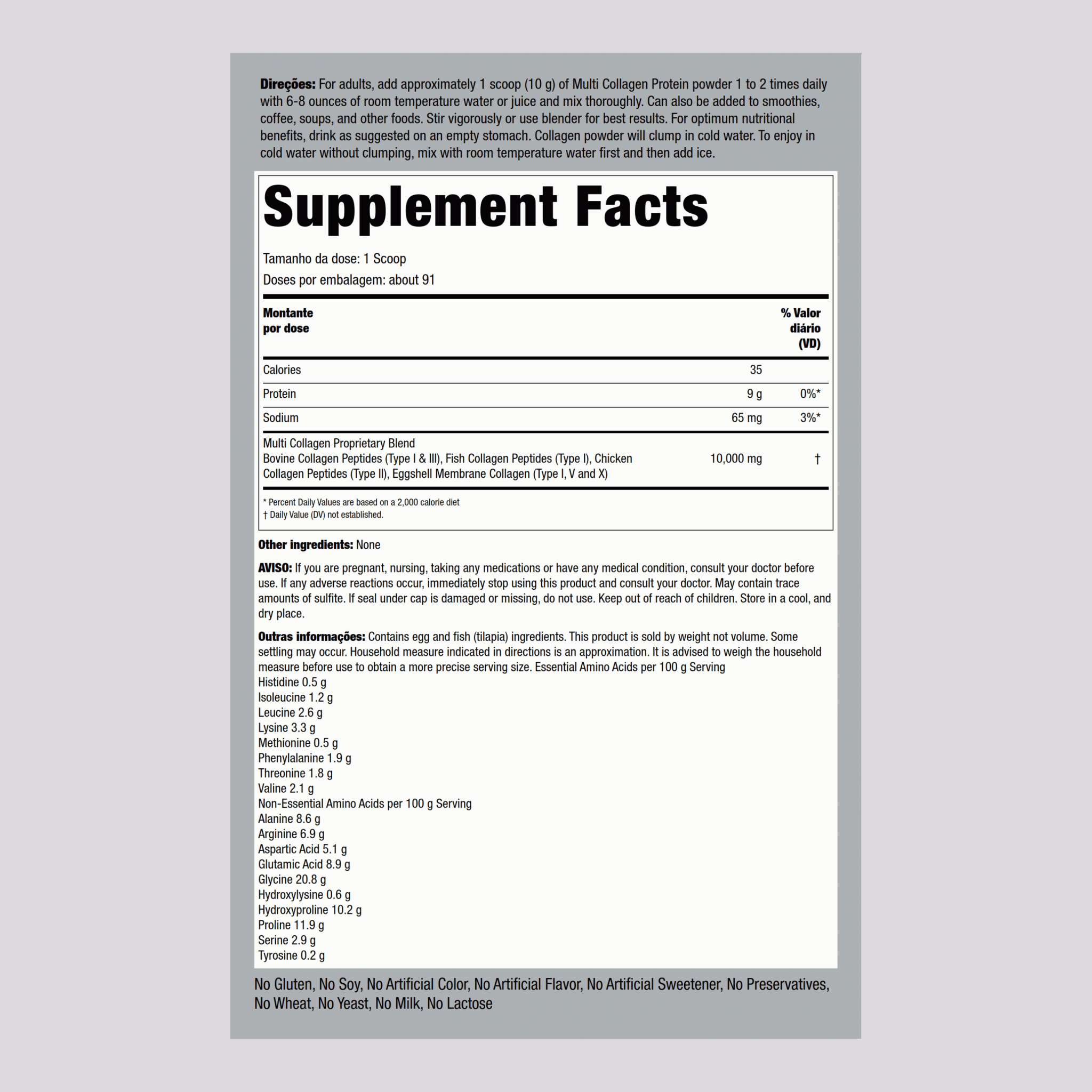 Proteína multicolágeno 10,000 mg 32 oz 908 g Frasco  