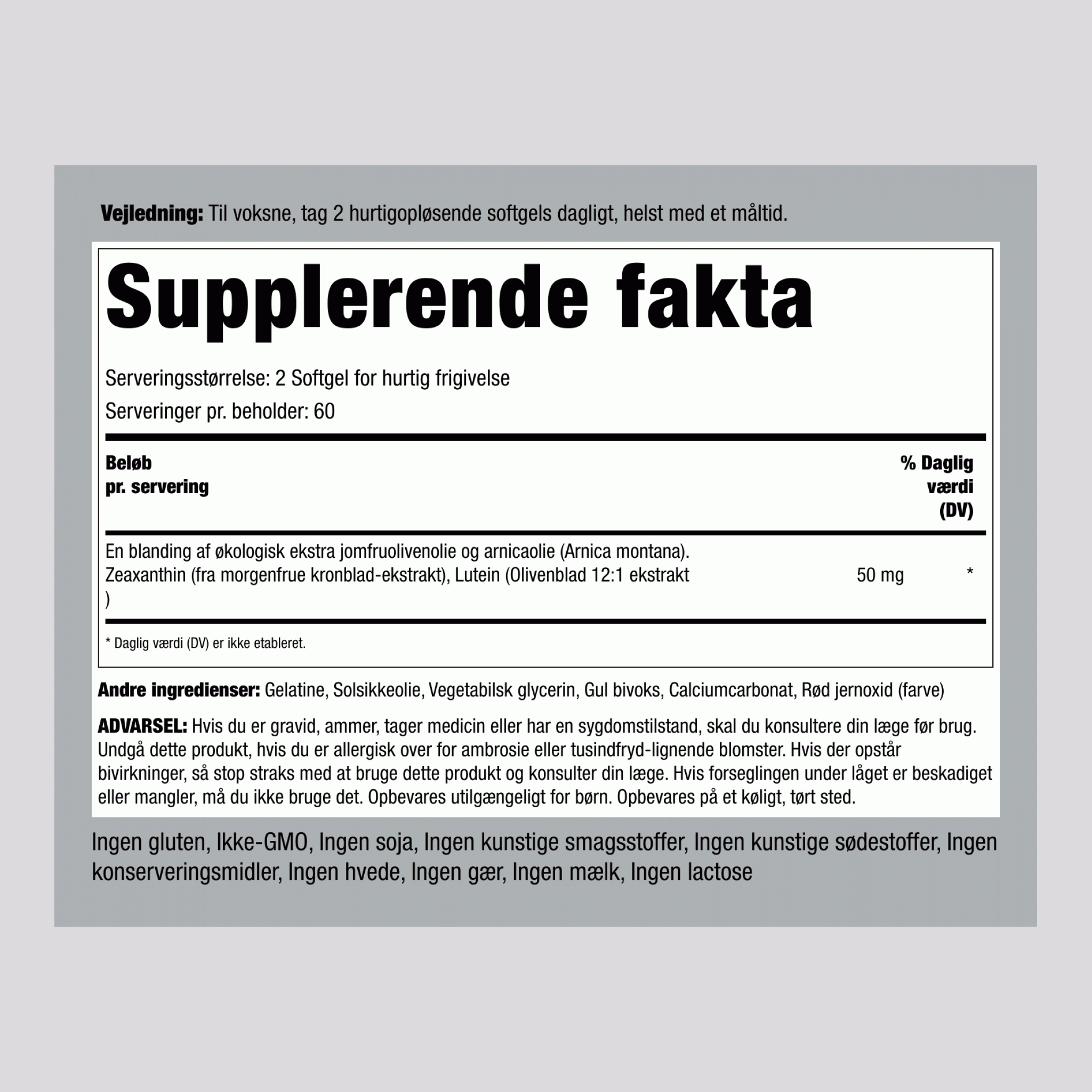 Zeaxanthin med lutein-kompleks 50 mg (pr. dosering) 120 Softgel for hurtig frigivelse 2 Flasker   