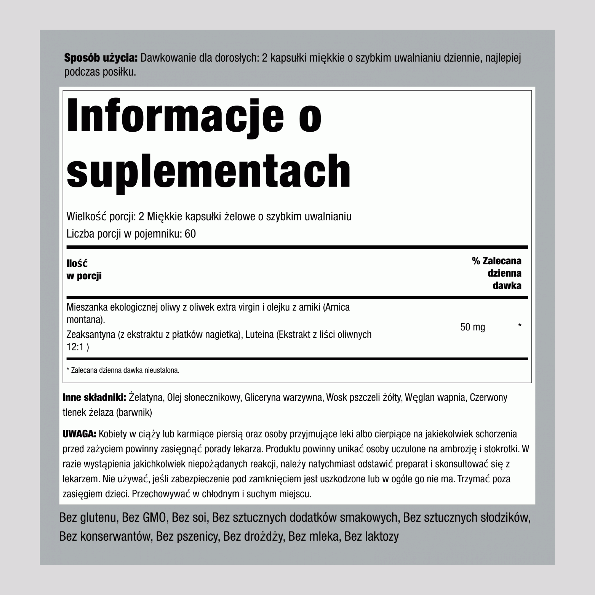 Zeaksantyna z kompleksem luteiny 50 mg (na porcję) 120 Miękkie kapsułki żelowe o szybkim uwalnianiu 2 Butelki   