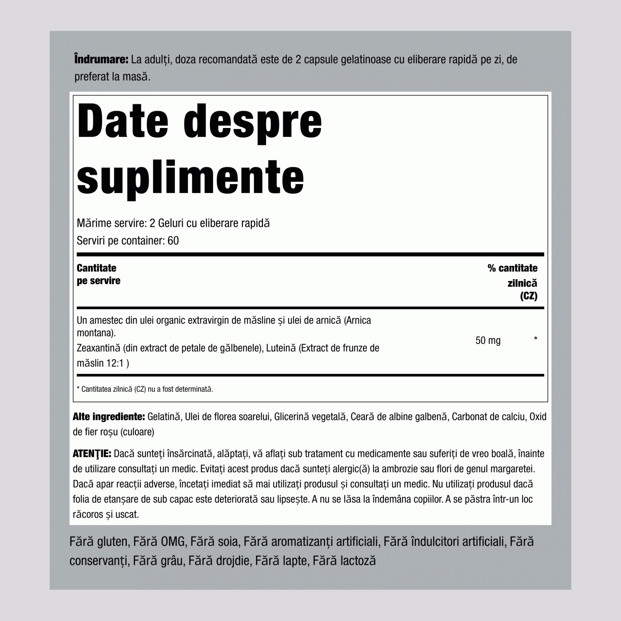 Zeaxantină cu complex de luteină 50 mg (per porție) 120 Geluri cu eliberare rapidă 2 Sticle   