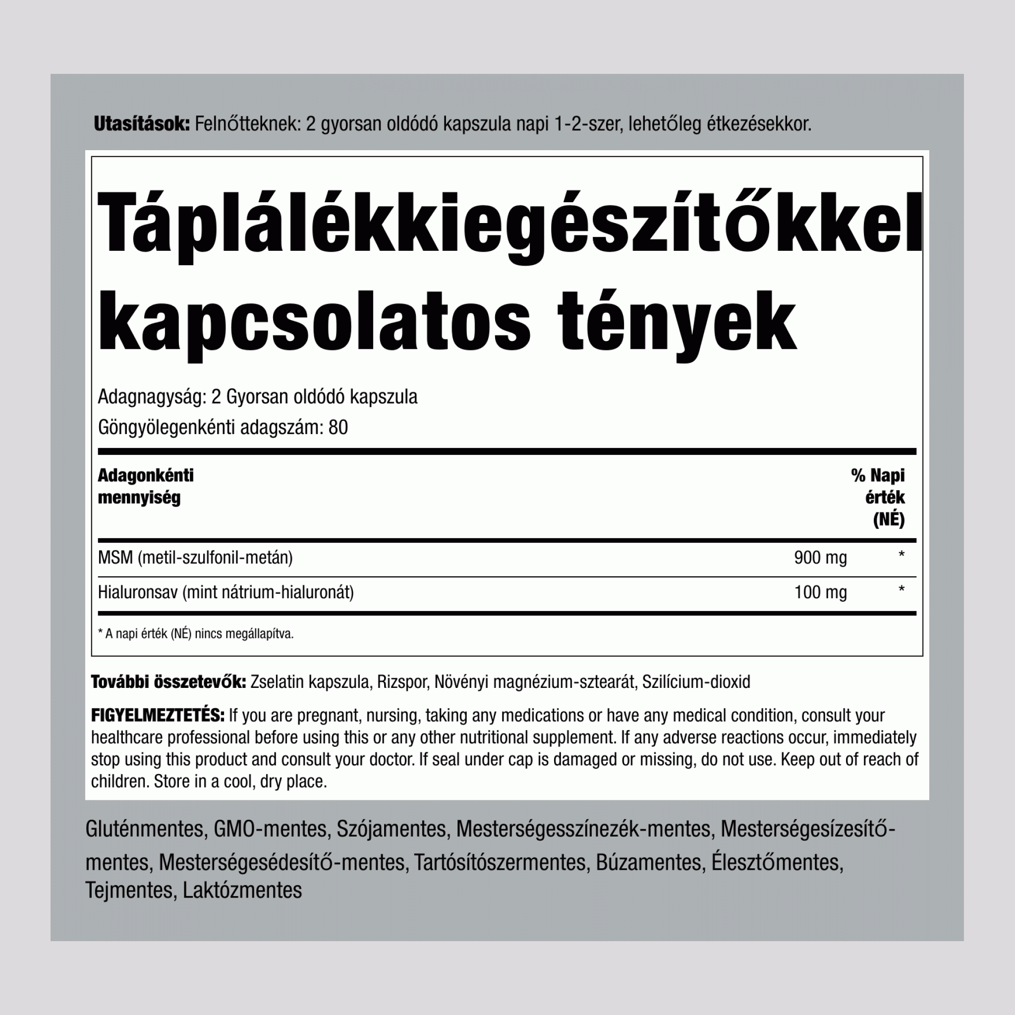 Hialuronsav MSM-mel 160 Gyorsan oldódó kapszula ,2 Palackok     
