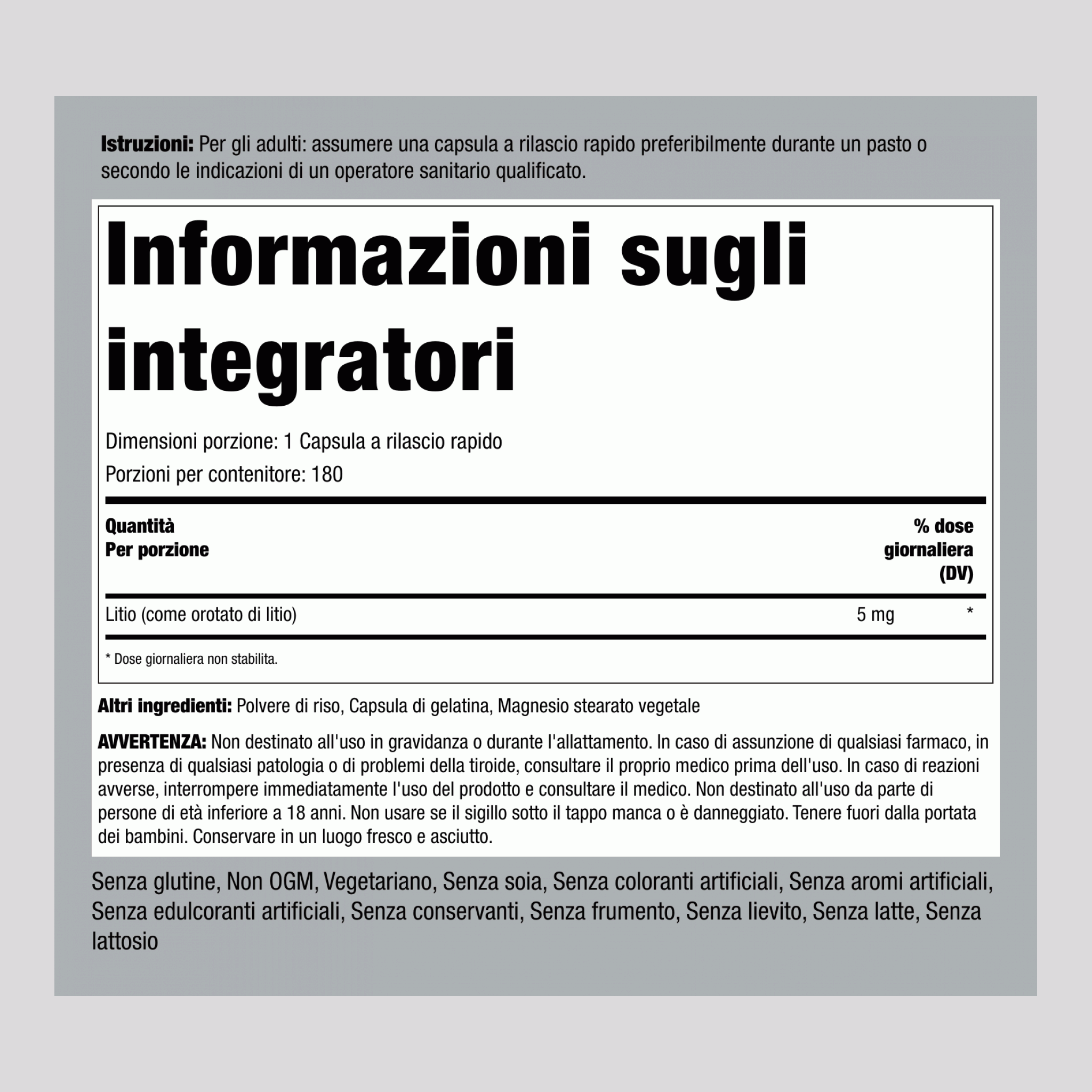 Orotato di litio  5 mg 180 Capsule a rilascio rapido     