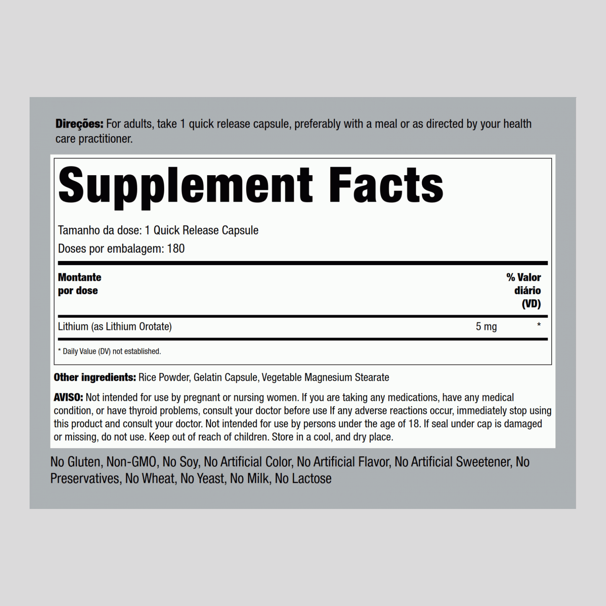 Orotato de lítio  5 mg 180 Cápsulas de Rápida Absorção     