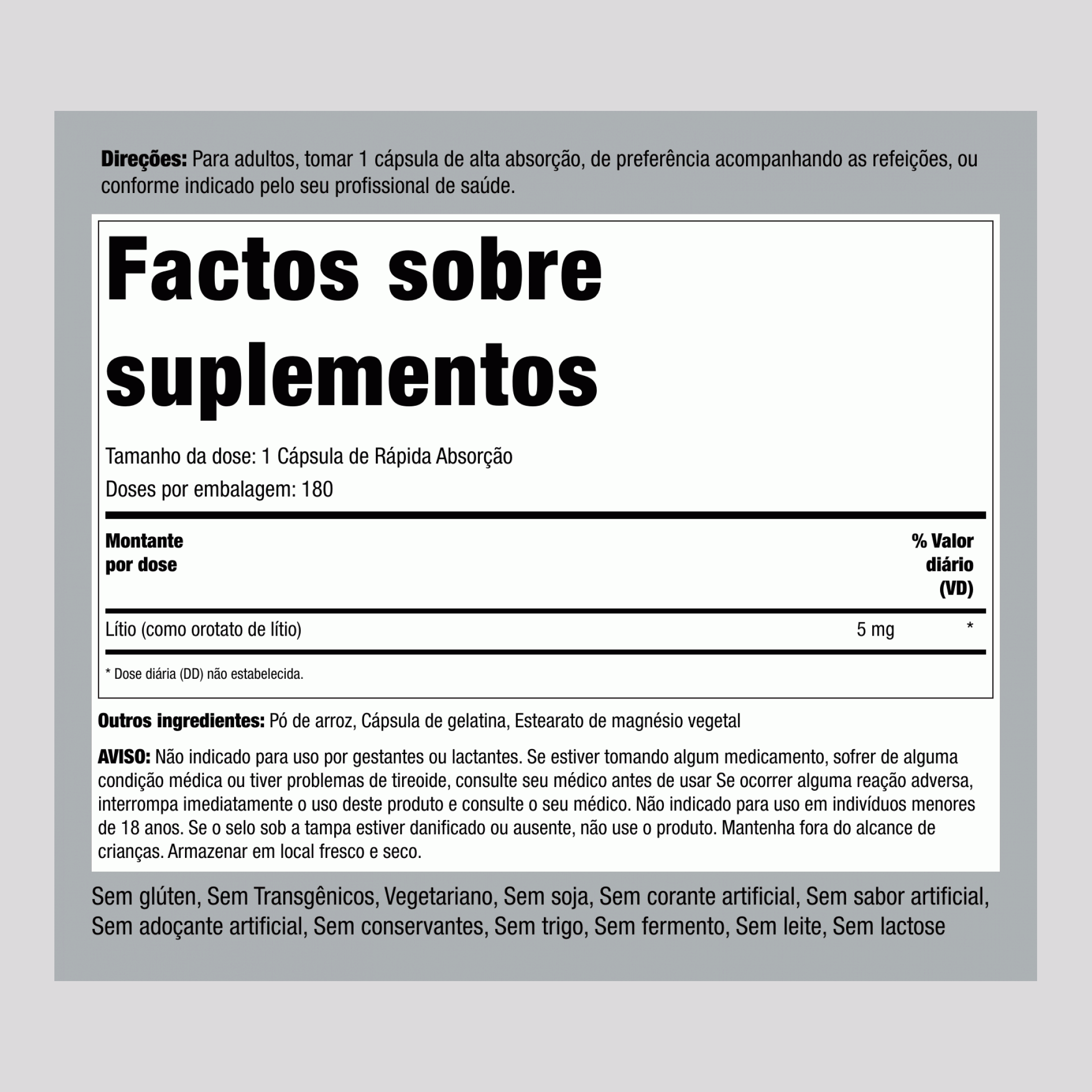 Orotato de lítio  5 mg 180 Cápsulas de Rápida Absorção 2 Frascos   