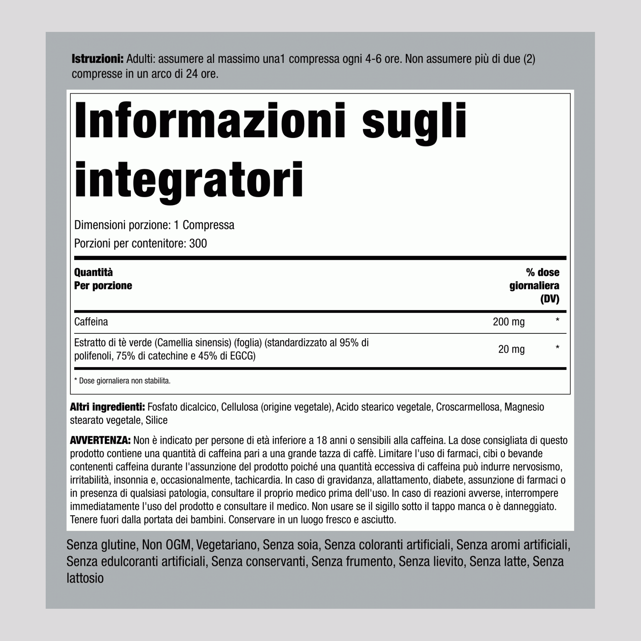 Caffeina Plus Tè Verde, 220 mg, 300 Compresse