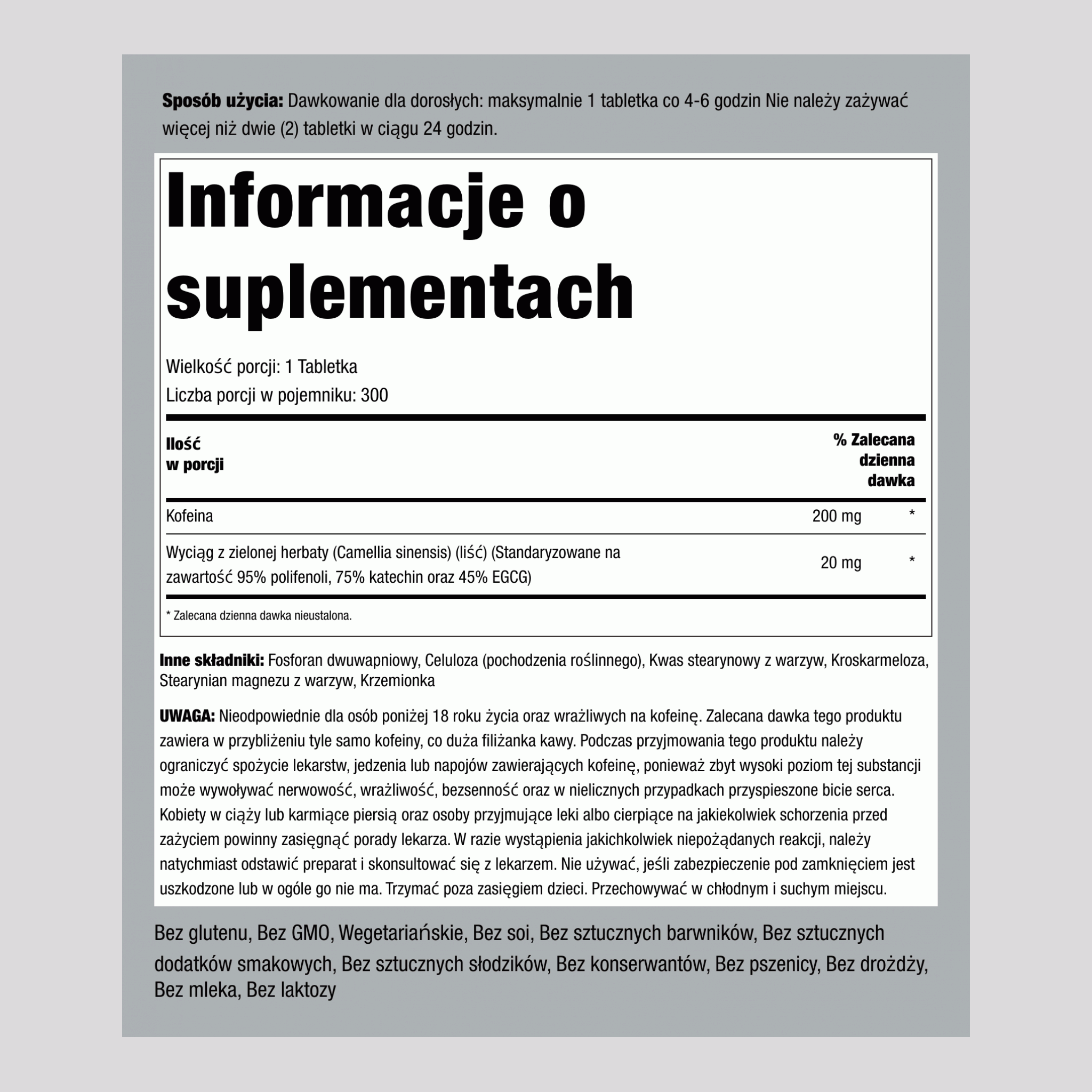 Kofeina z zieloną herbatą 200 mg 300 Tabletki     