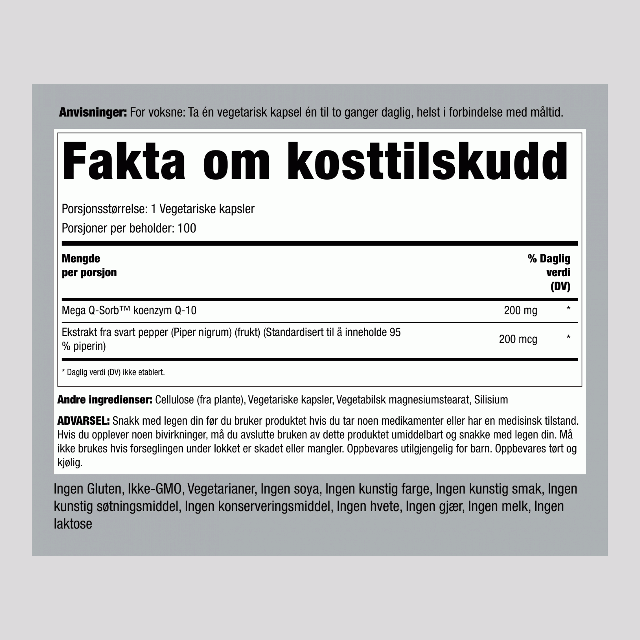 CoQ10 200 mg 100 Vegetarianske kapsler 2 Flasker   