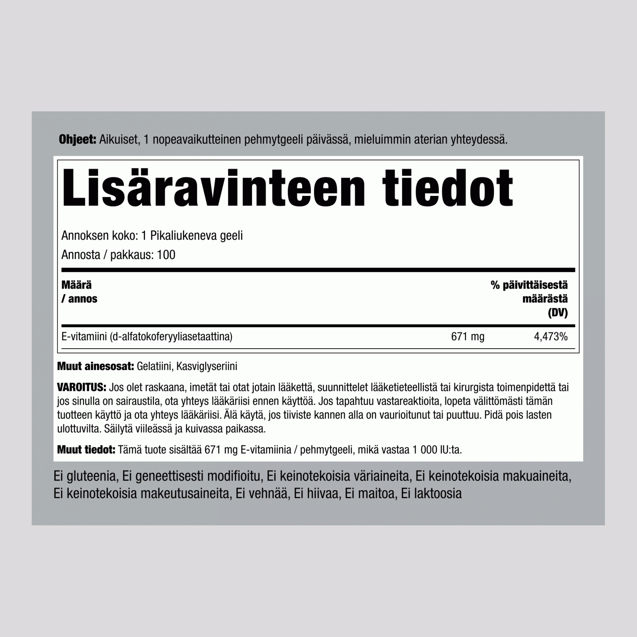luonnollinen E vitamiini  1000 IU 100 Pikaliukenevat geelit     