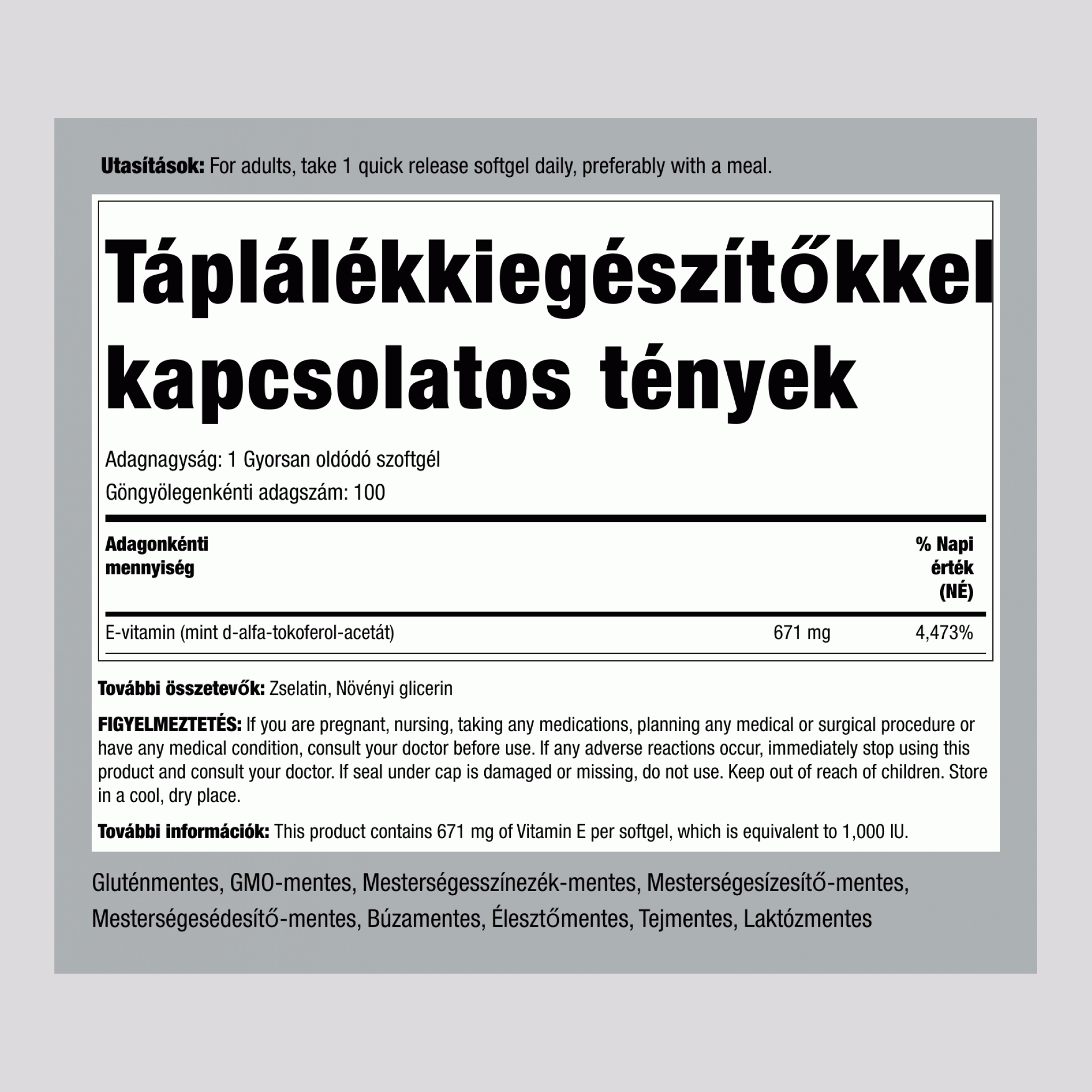 természetes E vitamin IU 1000 IU 100 Gyorsan oldódó szoftgél     