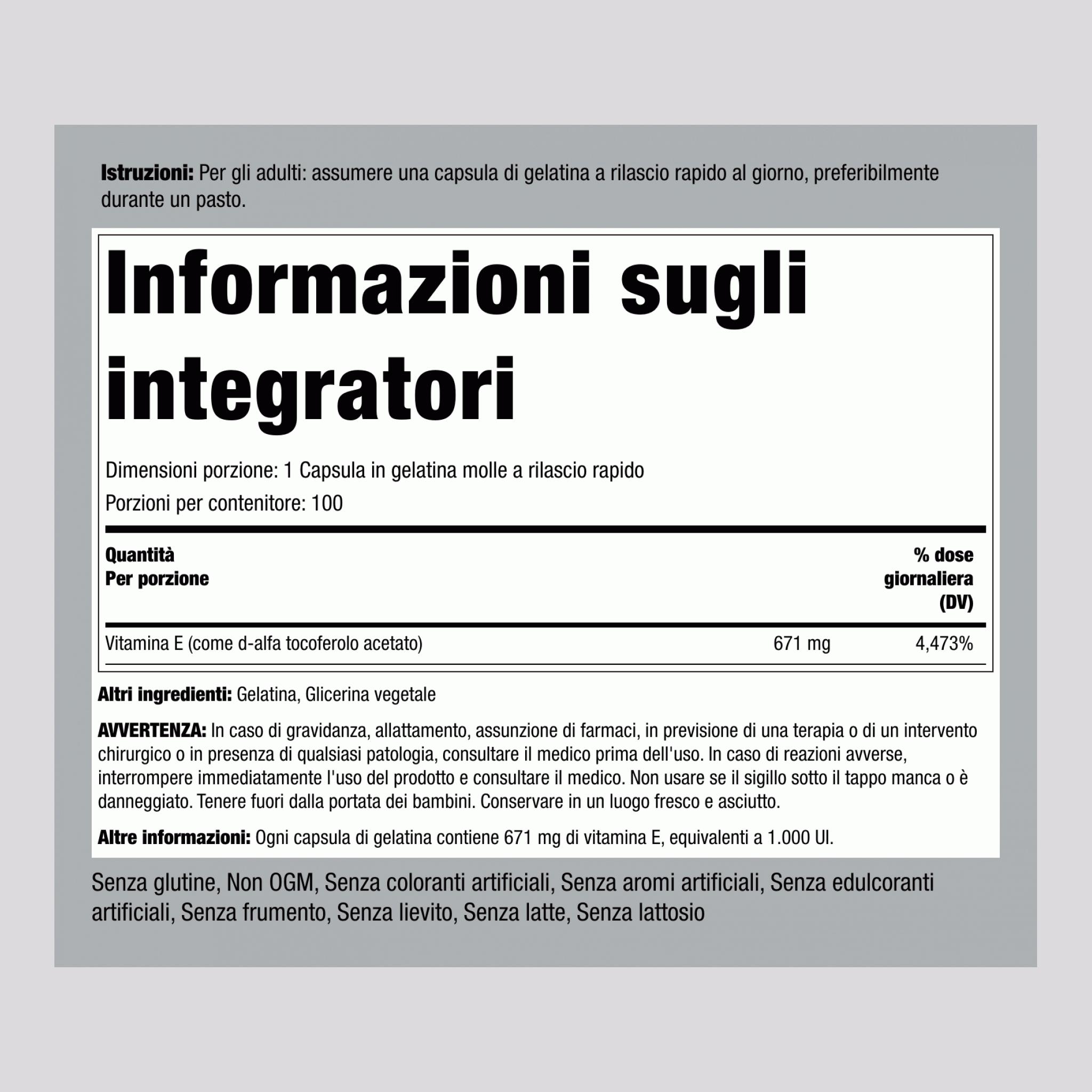 Vitamine E naturale  1000 IU 100 Capsule in gelatina molle a rilascio rapido     