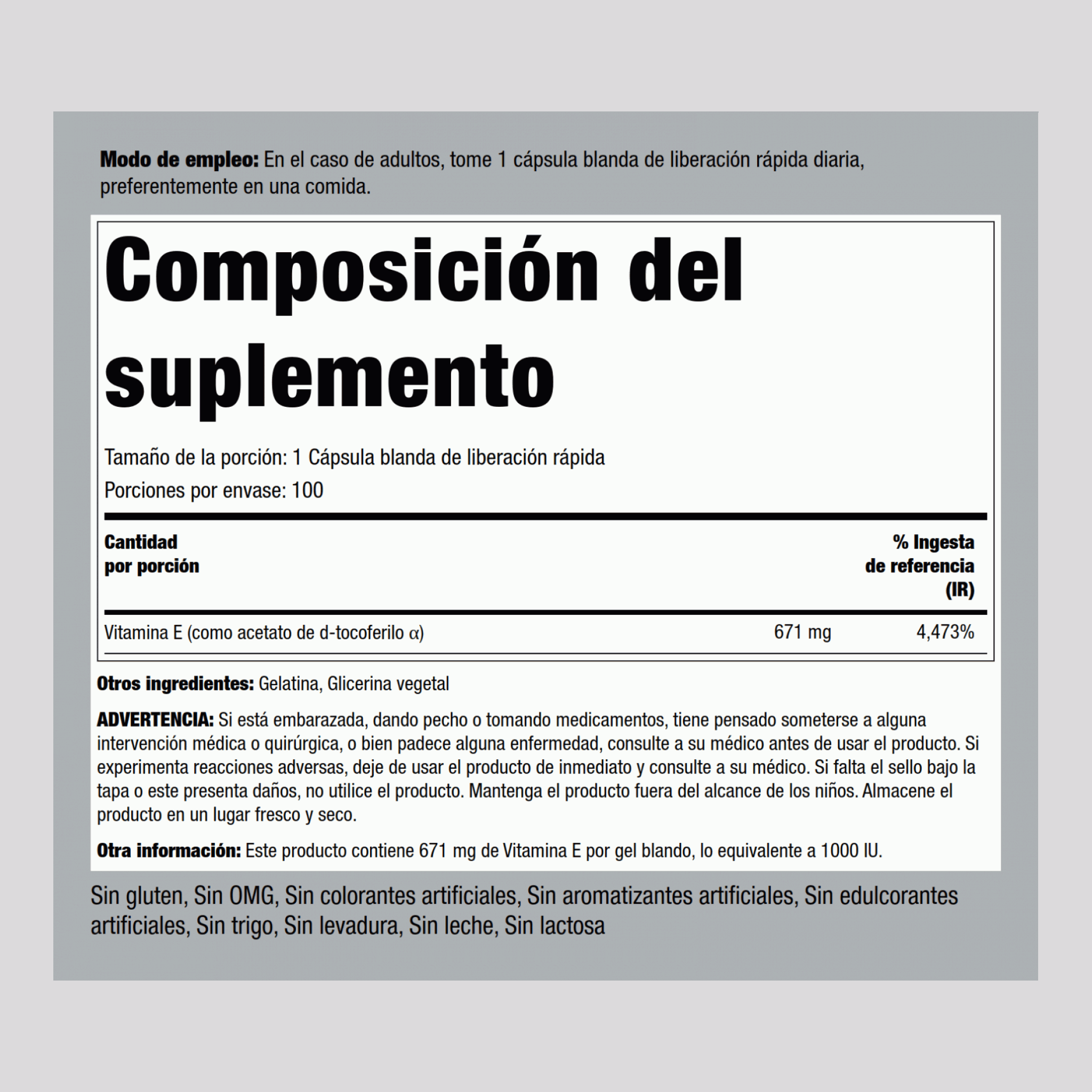 Vitamina E natural 1000 IU 100 Cápsulas blandas de liberación rápida     