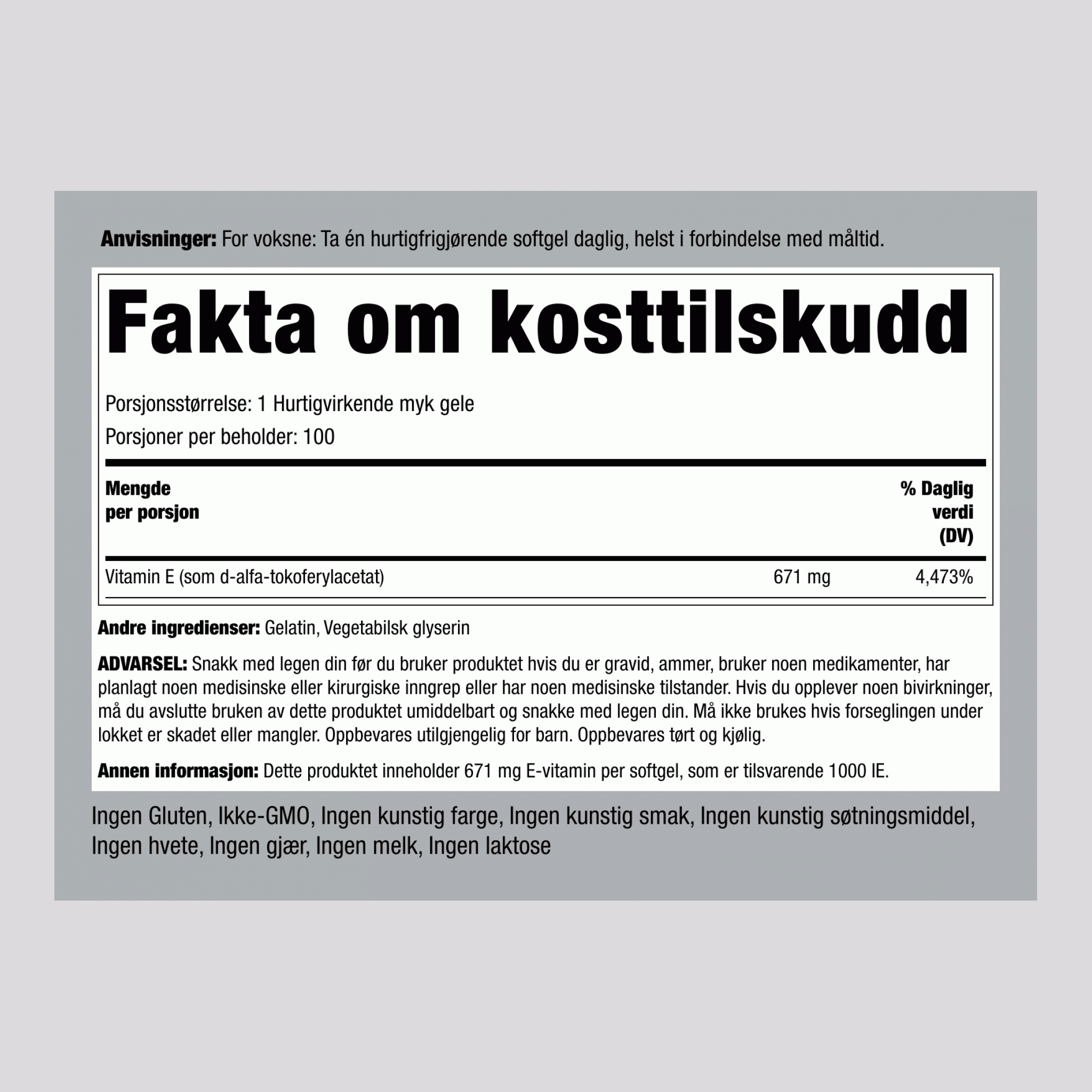 naturlig Vitamin E  1000 IU 100 Hurtigvirkende myke geleer 2 Flasker   