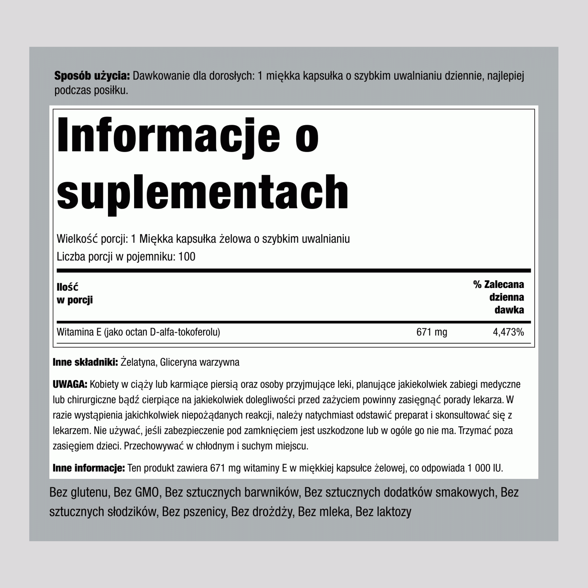 naturalna witamina E  1000 IU 100 Miękkie kapsułki żelowe o szybkim uwalnianiu 2 Butelki   