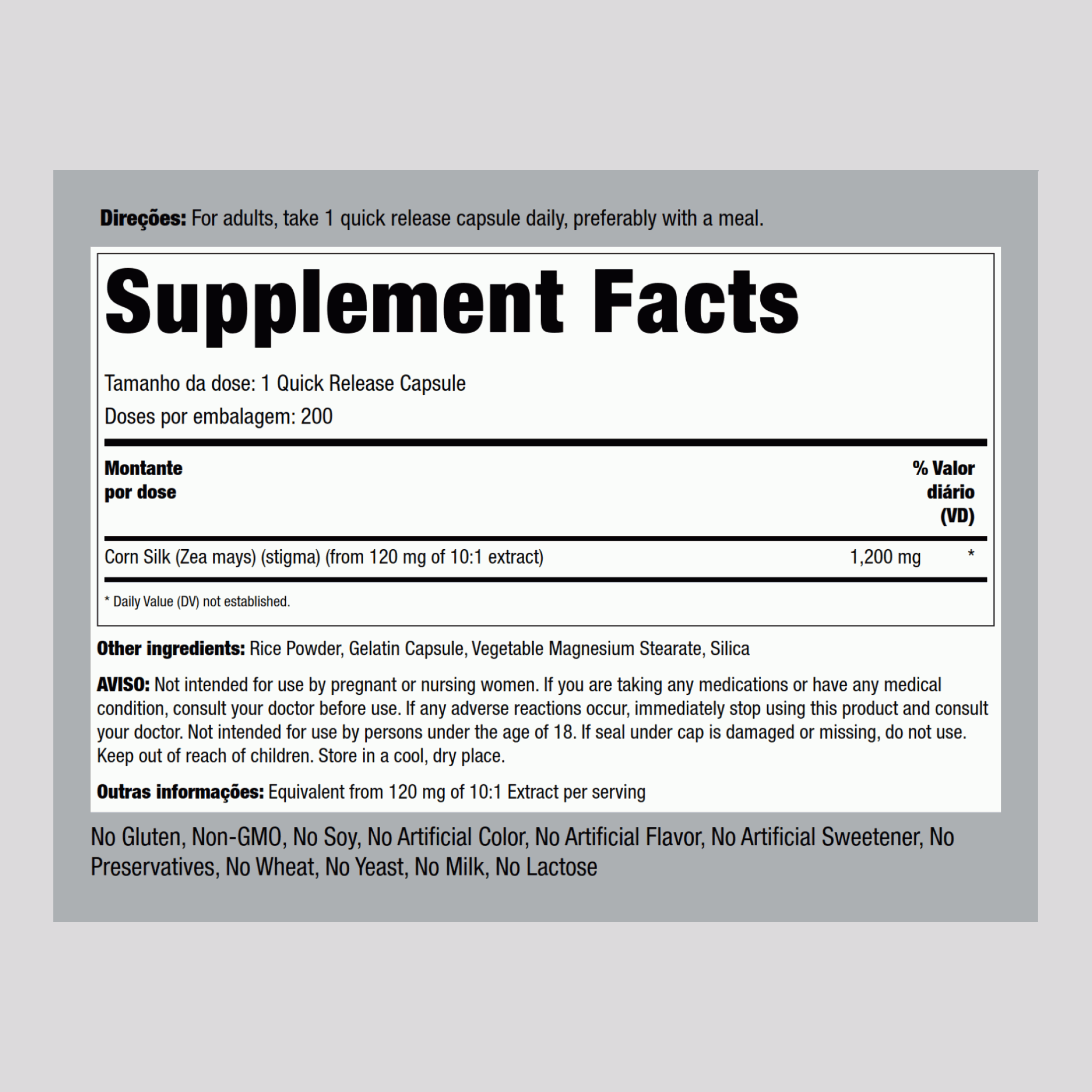 Seda de milho 1200 mg 200 Cápsulas de Rápida Absorção     