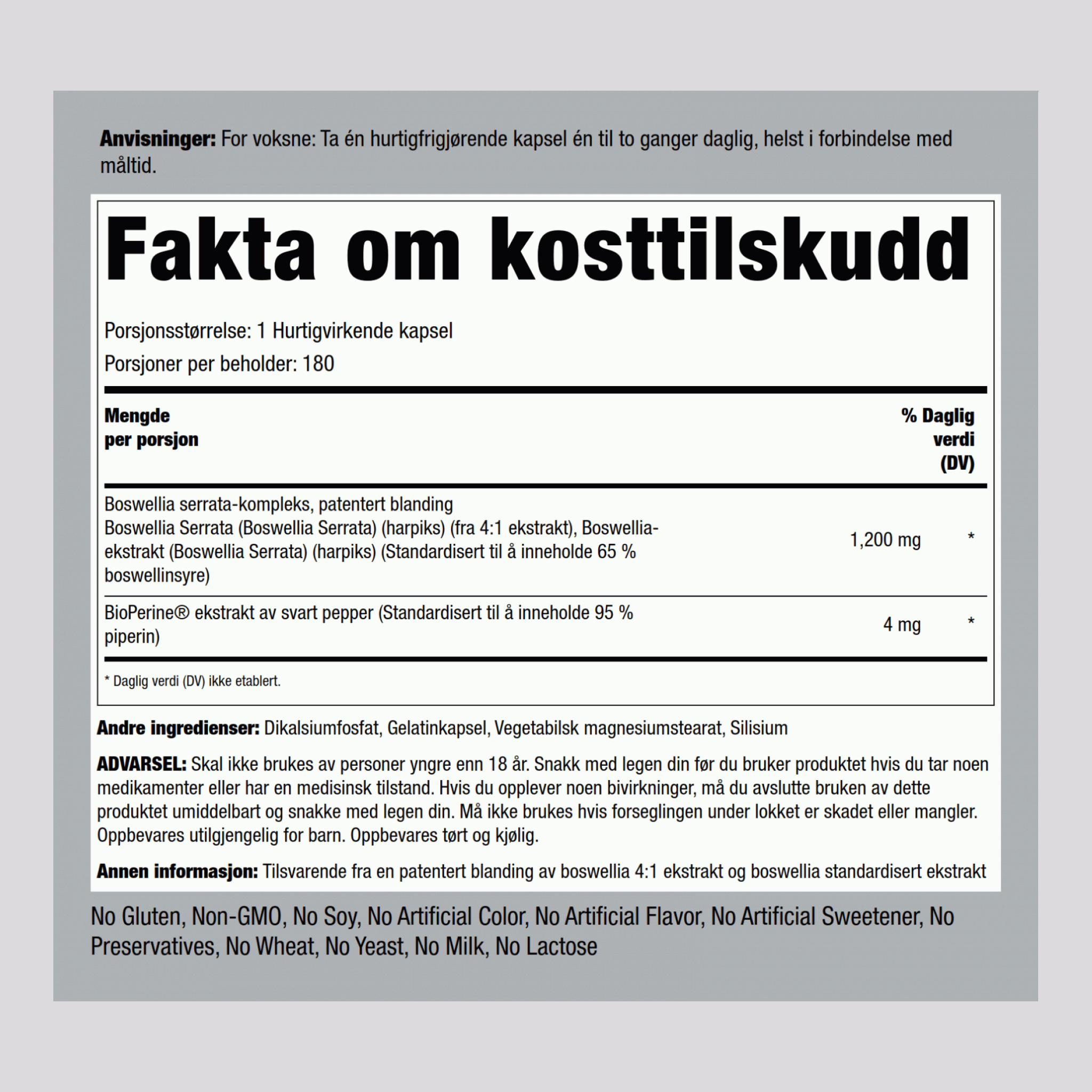 Boswellia Serrata  1200 mg 180 Hurtigvirkende kapsler     