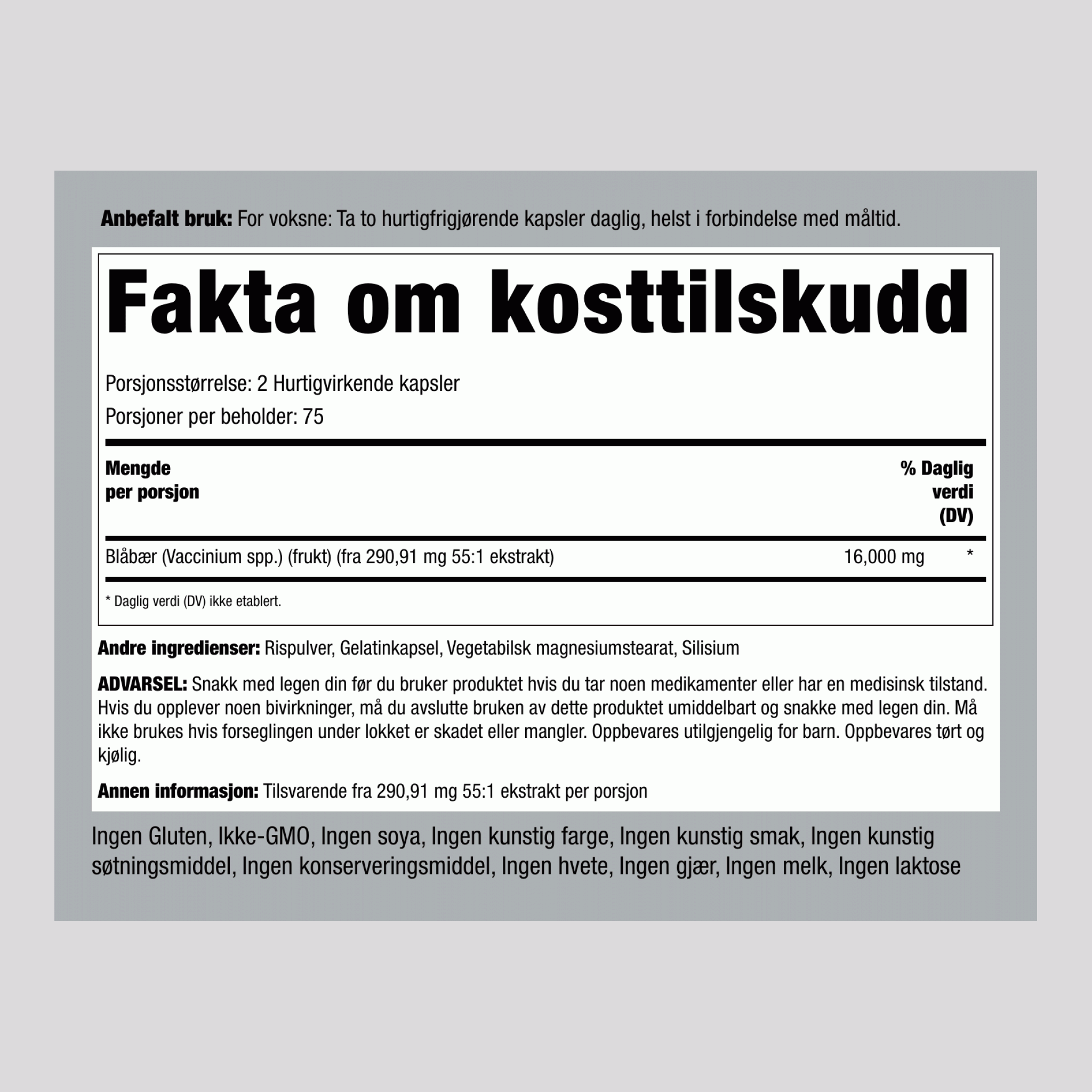 Blåbær 16,000 mg (per dose) 150 Hurtigvirkende kapsler     