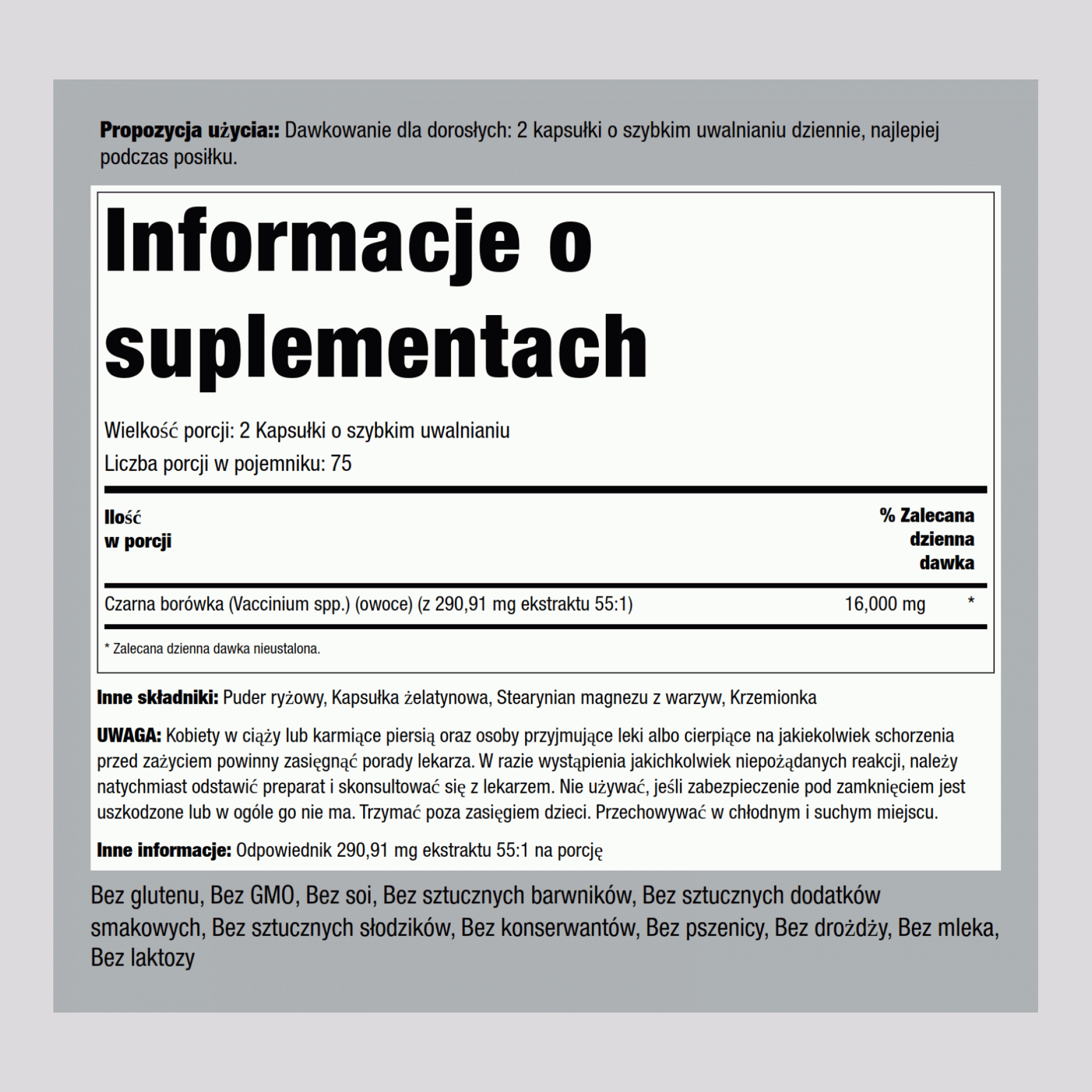 Borówki amerykańskie 16,000 mg (na porcję) 150 Kapsułki o szybkim uwalnianiu     