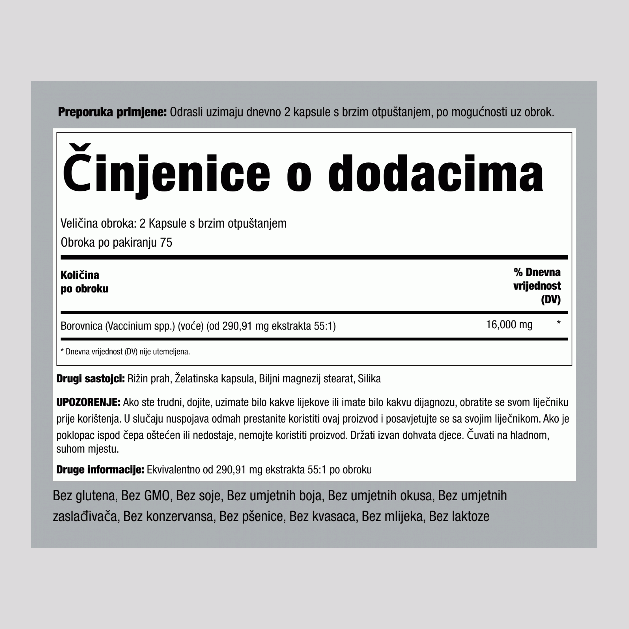 Borovnica,  16,000 mg (po obroku) 150 Kapsule s brzim otpuštanjem 2 Boce