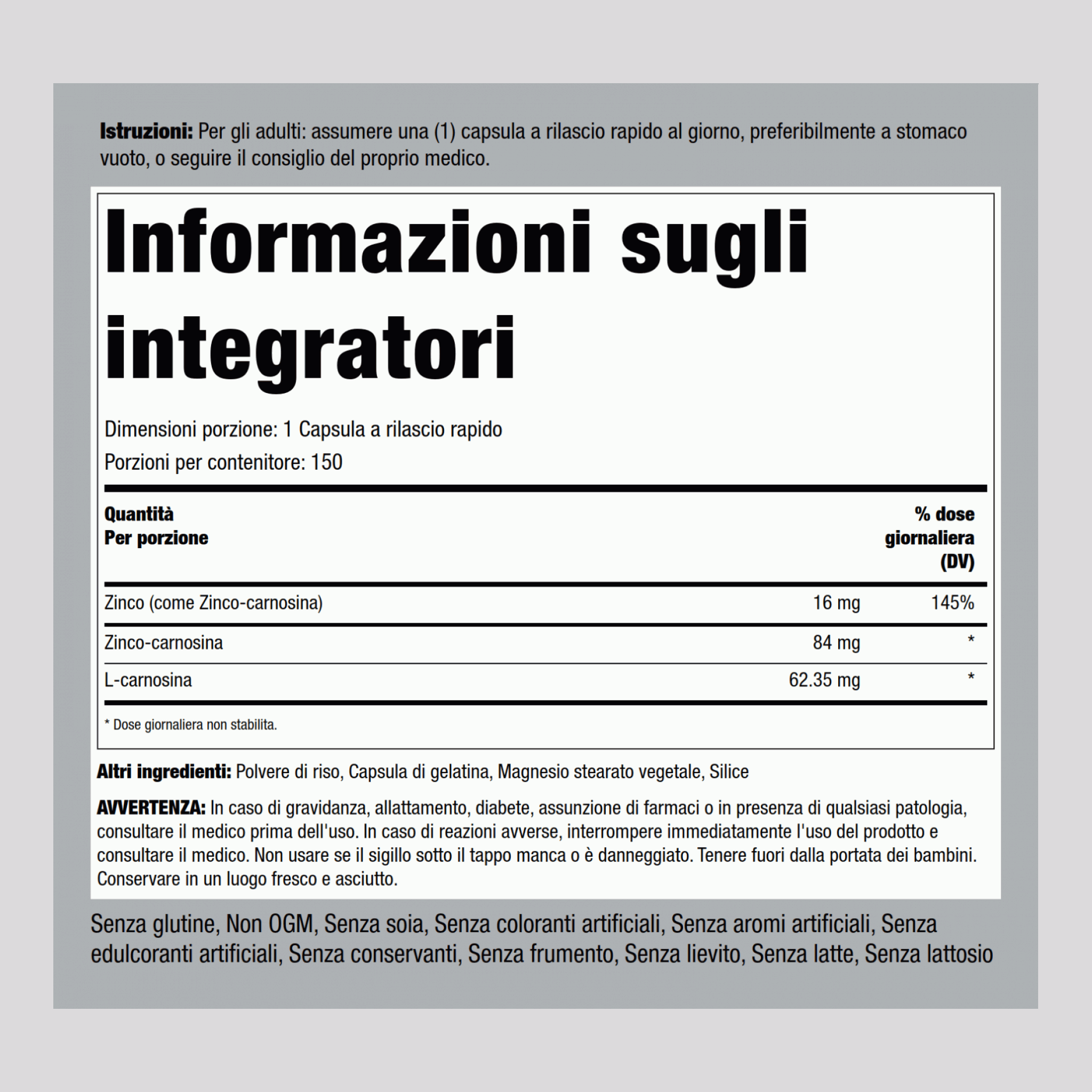 Zinco-carnosina 84 mg 150 Capsule a rilascio rapido     