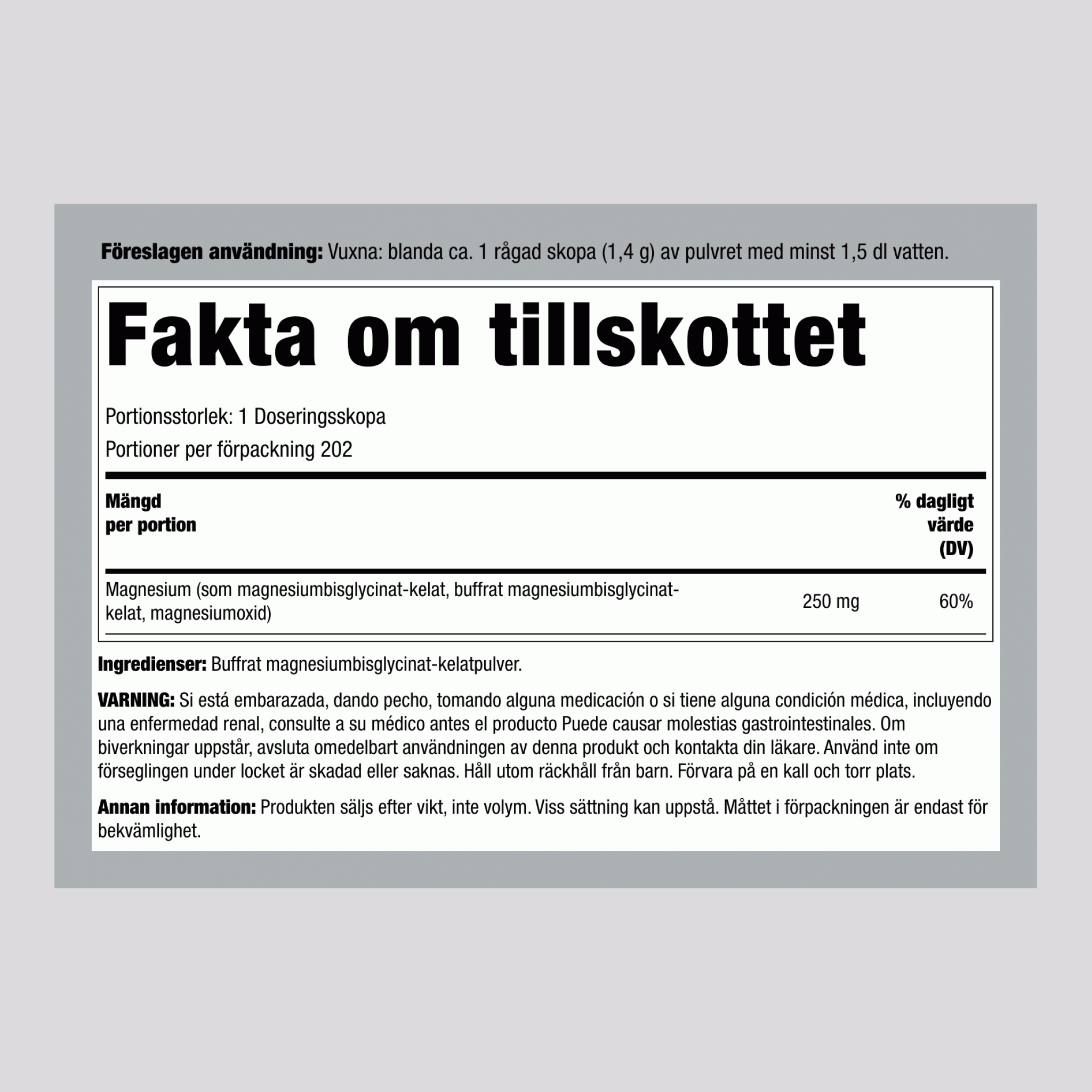 Magnezijev glicinat v prahu 250 mg (na porcijo) 10 unča 283 g Steklenica 2 Steklenice