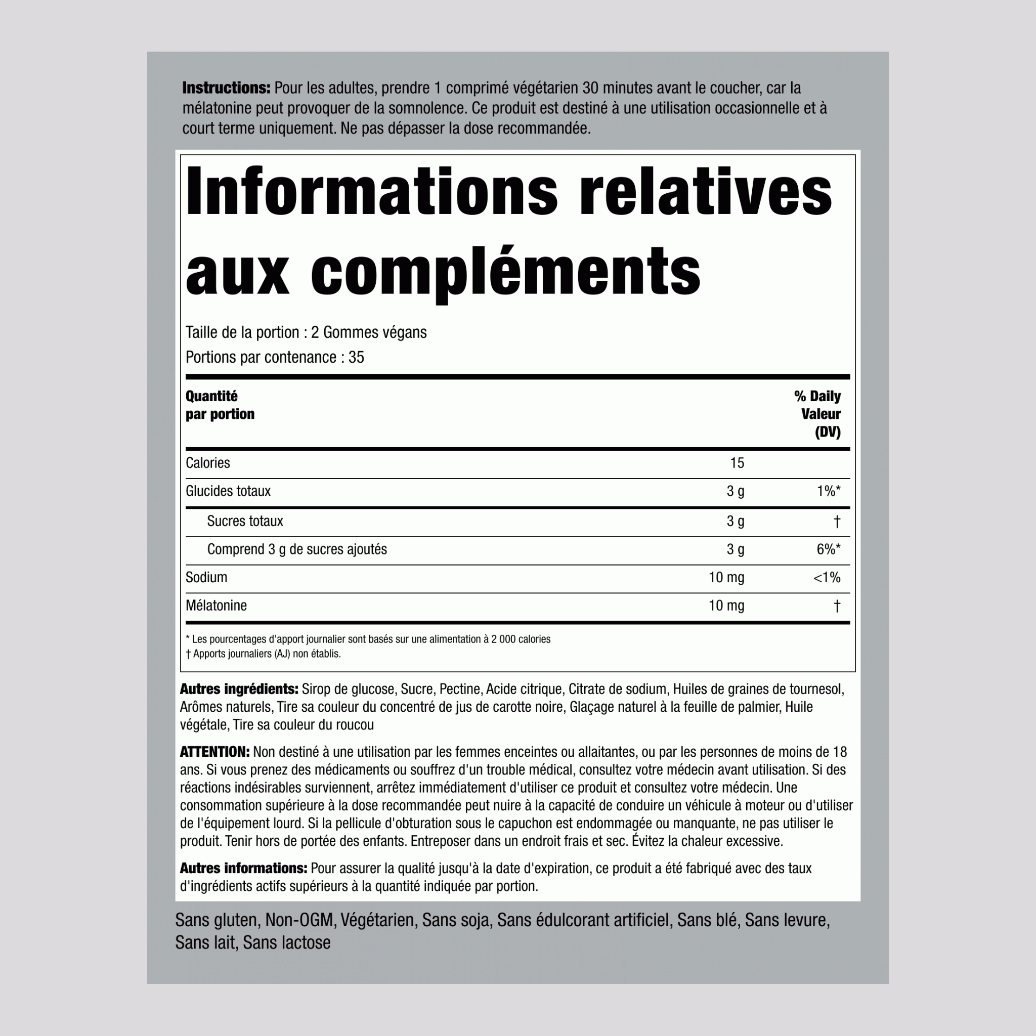 Mélatonine 10 mg (par portion) 70 Gommes végans     