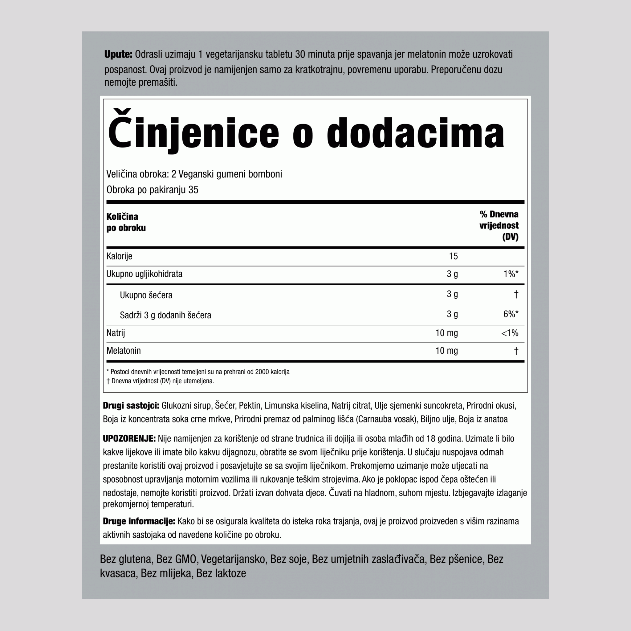 Melatonin (ukusna mješavina bobičastog voća), 10 mg (po porciji), 70 veganskih gumenih bombona, 2 boce