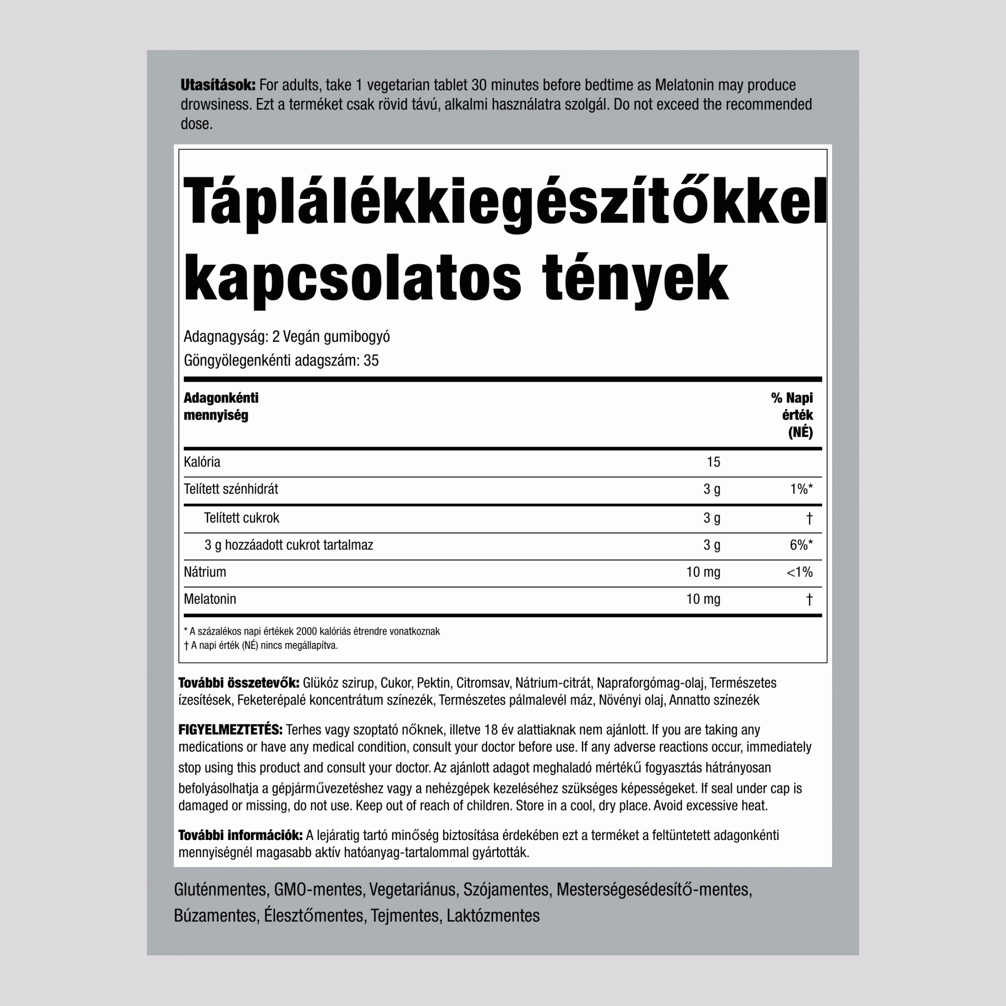 Melatonin (finom vegyes bogyós gyümölcs), 10 mg (adagonként), 70 vegán gumicukor, 2 üveg