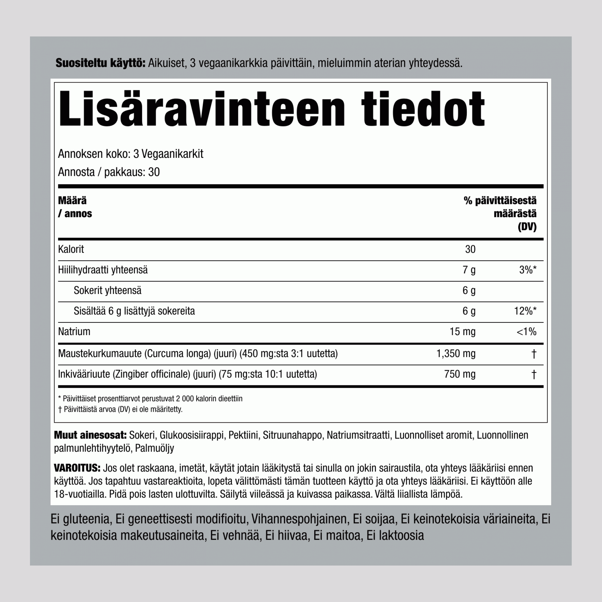 Kurkuma ja inkivääri (herkullinen persikka) 90 Vegaanikarkit 2 Pulloa    