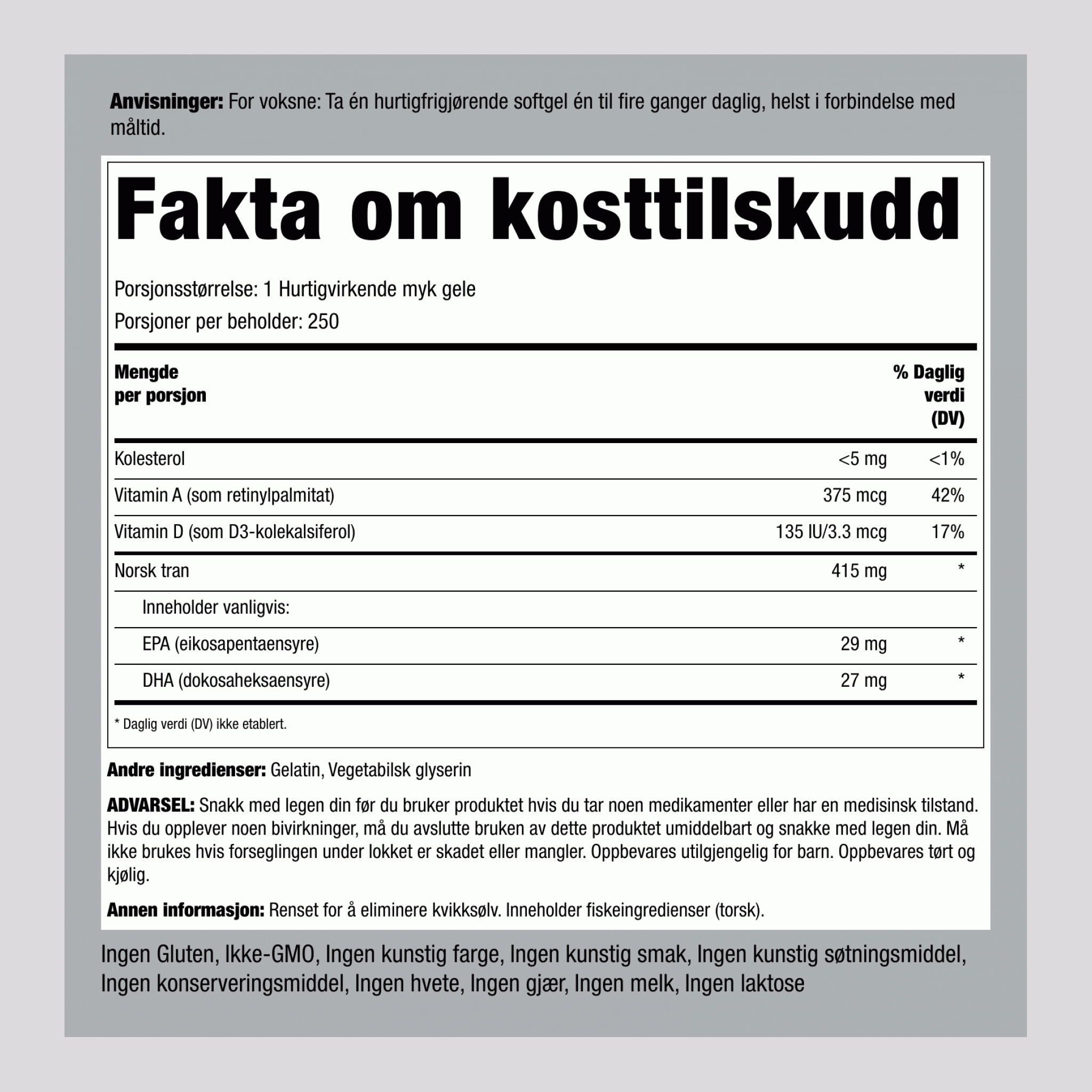 Supreme Engelvaer Norwegian Torskelevertran 250 Hurtigvirkende myke geleer       