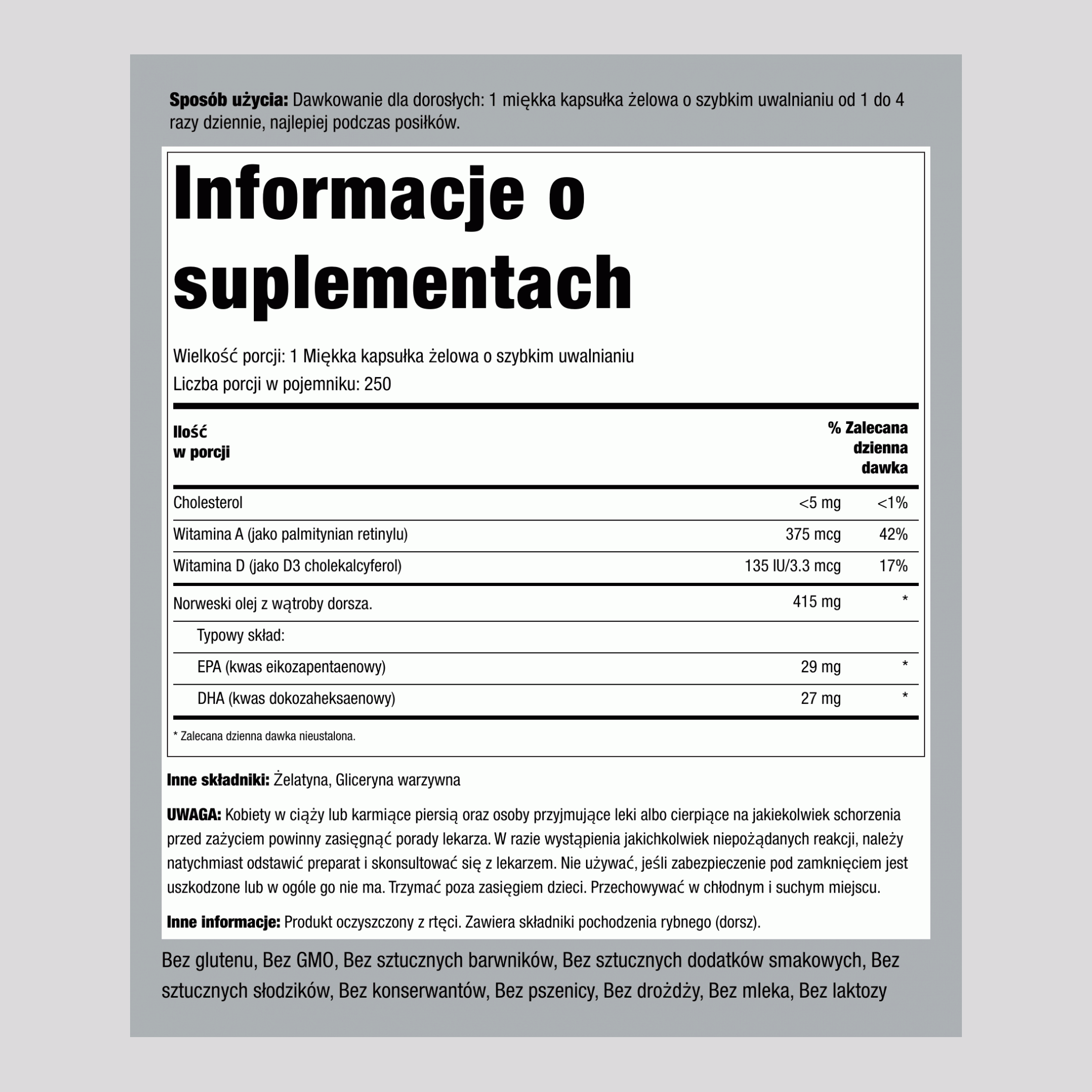 Olej z wątroby dorsza norweskiego 250 Miękkie kapsułki żelowe o szybkim uwalnianiu       