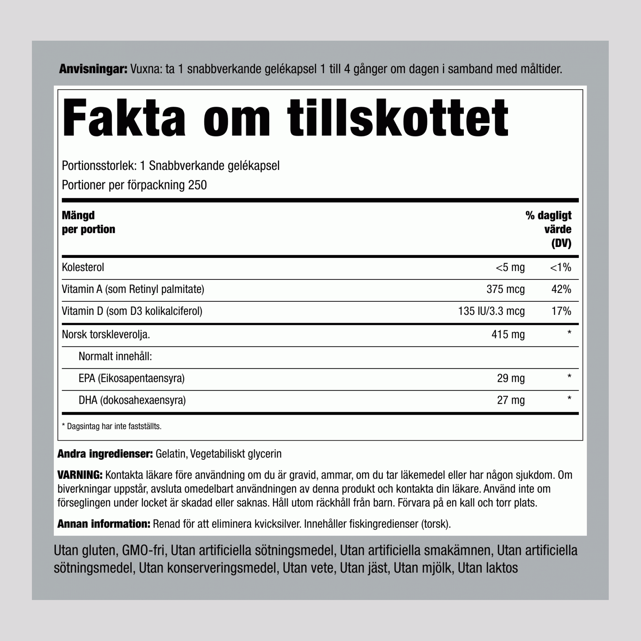 Fantastisk Engelvaer-torskleverolja från Norge 250 Snabbverkande gelékapslar       