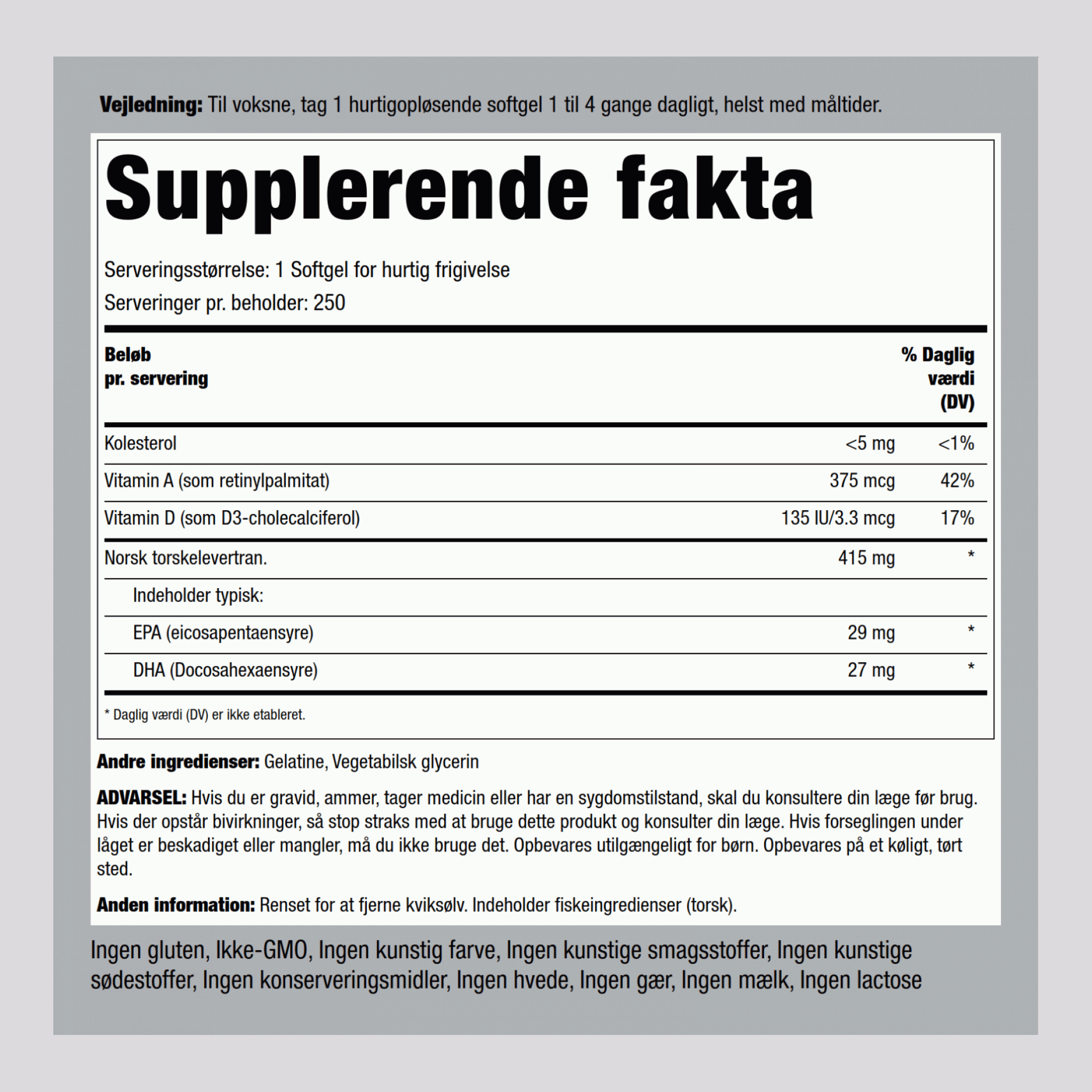 Supreme Engelvaer Norwegian Torskelevertran 250 Softgel for hurtig frigivelse       