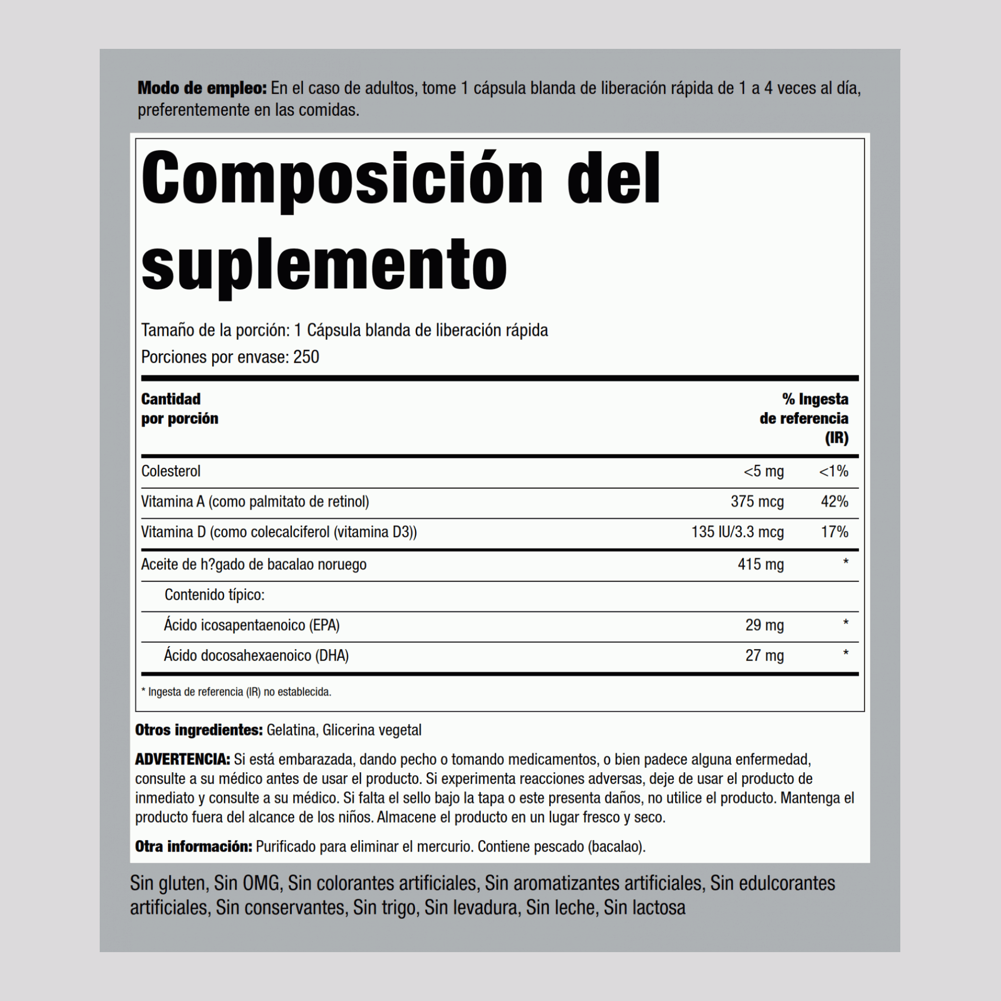 Aceite de hígado de bacalao Supreme Engelvaer noruego 250 Cápsulas blandas de liberación rápida       