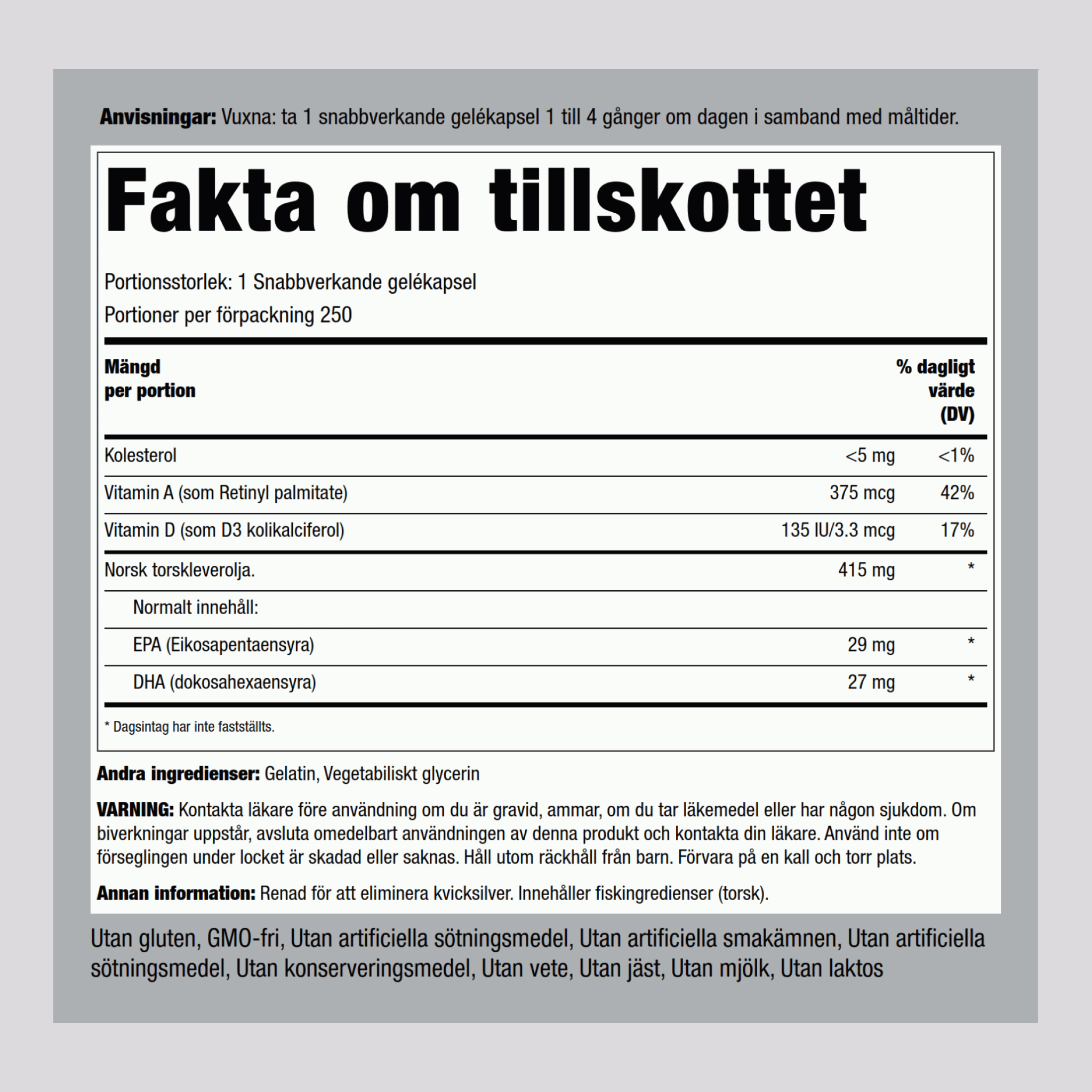 Fantastisk Engelvaer-torskleverolja från Norge 250 Snabbverkande gelékapslar       