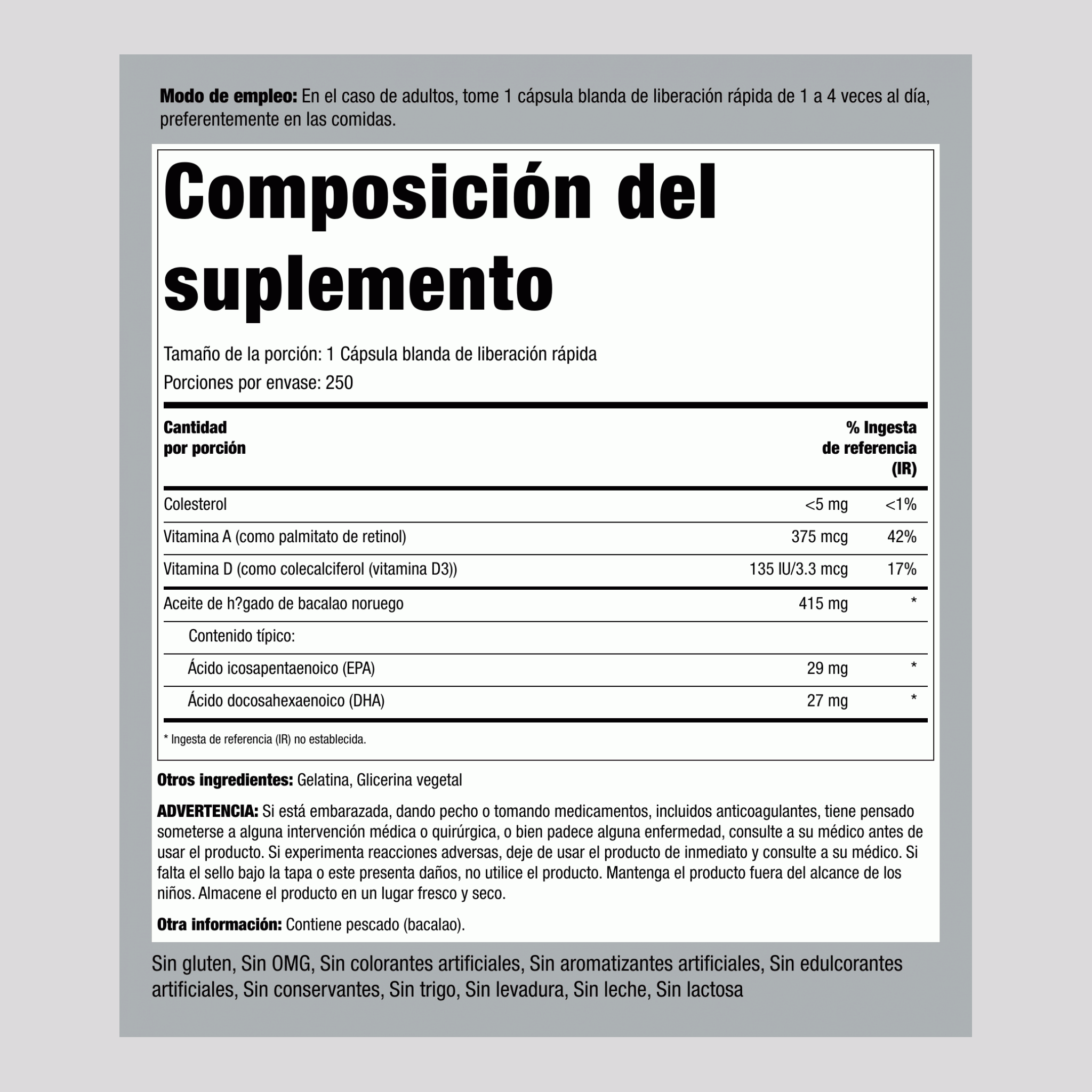 Aceite de hígado de bacalao Supreme Engelvaer noruego 250 Cápsulas blandas de liberación rápida 2 Botellas/Frascos     